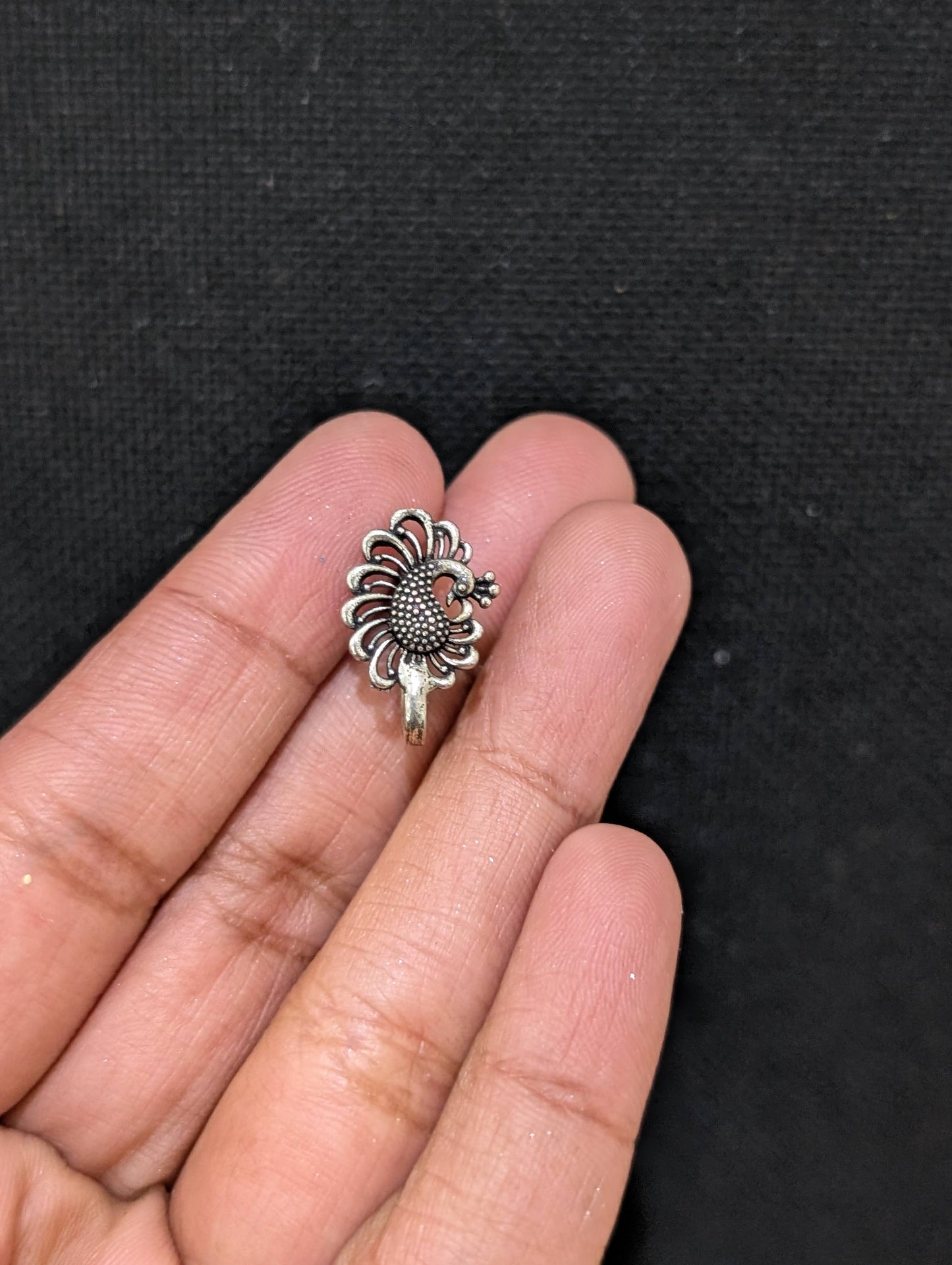 Oxidized silver clip on Nose Pin - Peacock design