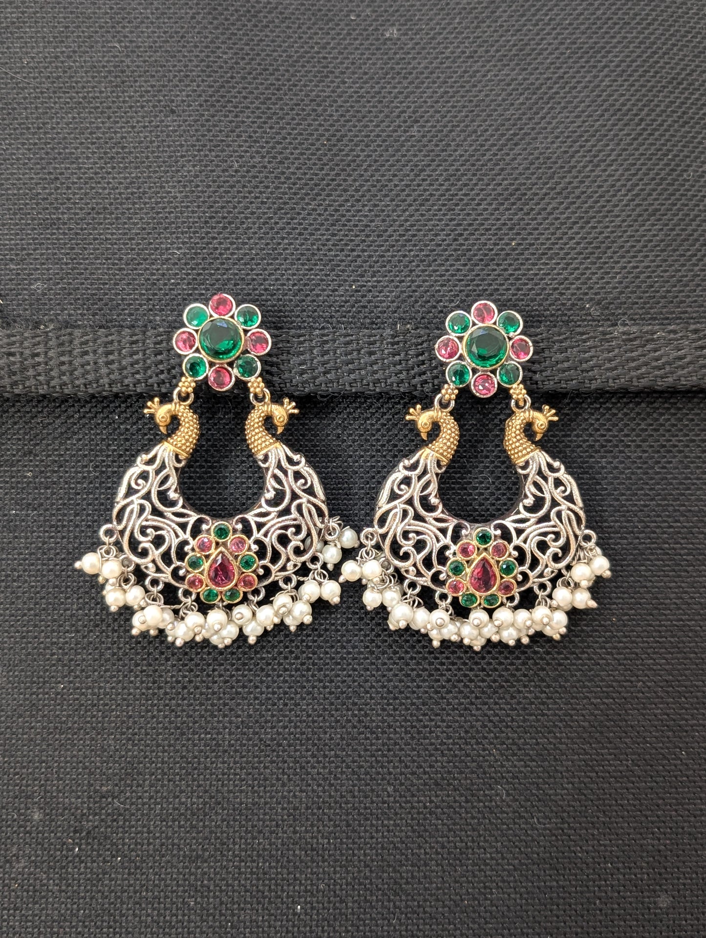 Oxidized Dual tone Peacock Chandbali earrings