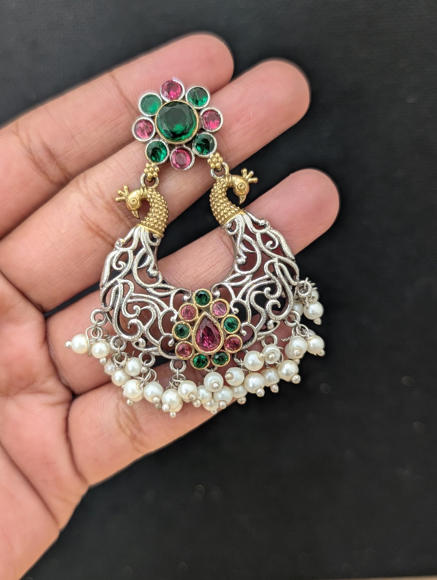 Oxidized Dual tone Peacock Chandbali earrings