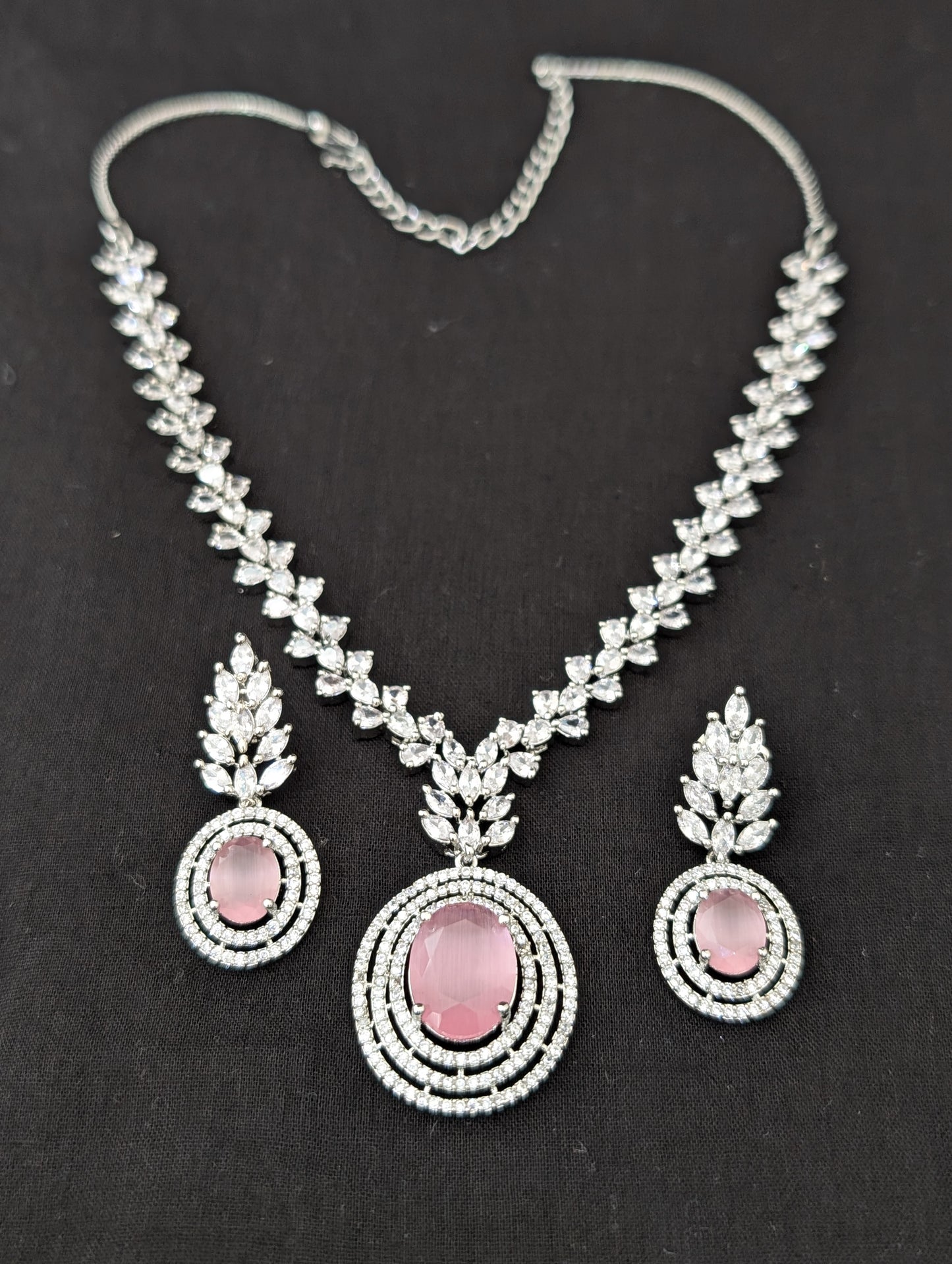 Pastel color CZ White gold plated Necklace and Earrings set