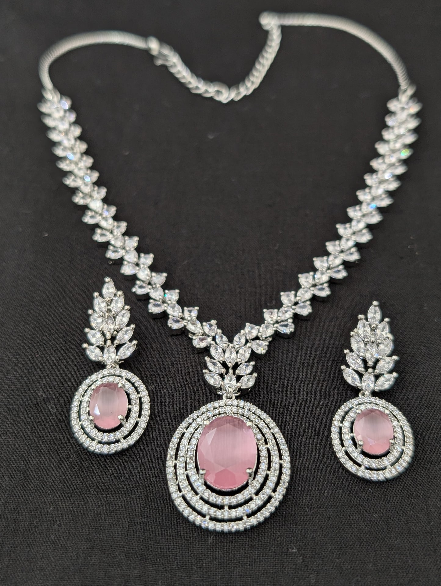 Pastel color CZ White gold plated Necklace and Earrings set