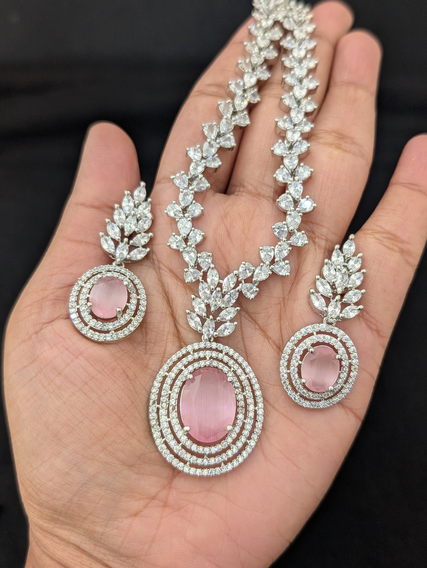 Pastel color CZ White gold plated Necklace and Earrings set