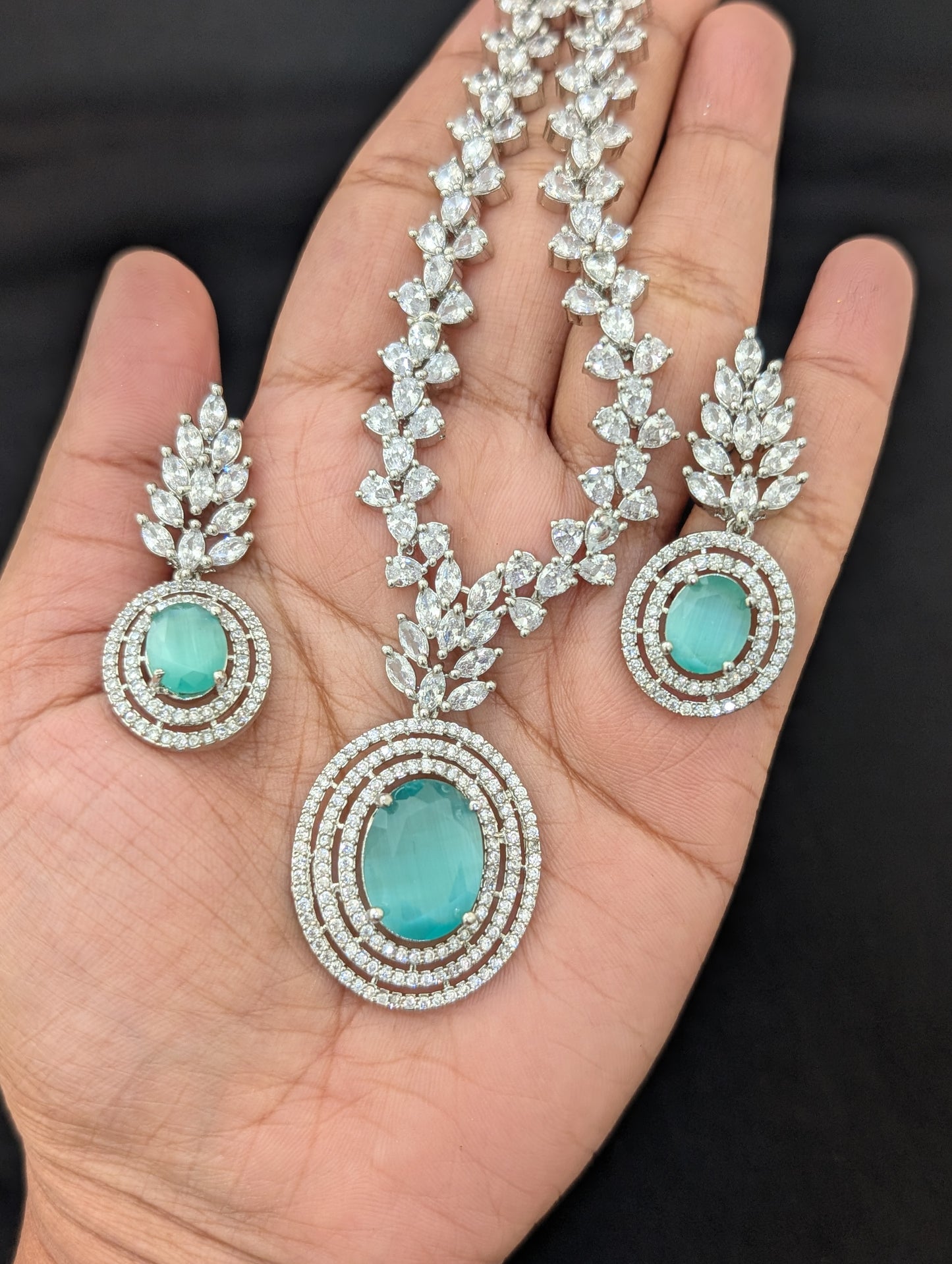 Pastel color CZ White gold plated Necklace and Earrings set