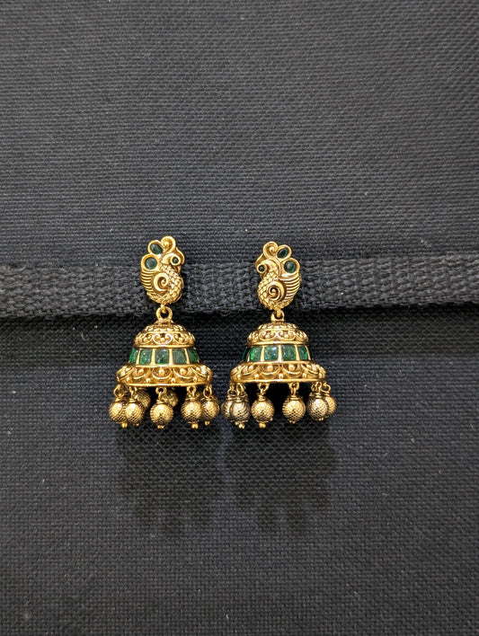 Antique gold Peacock Kemp Jhumka Earrings