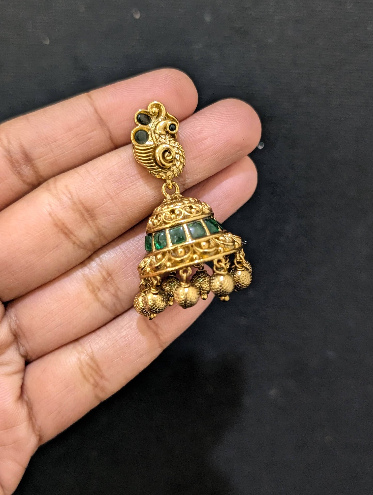 Antique gold Peacock Kemp Jhumka Earrings