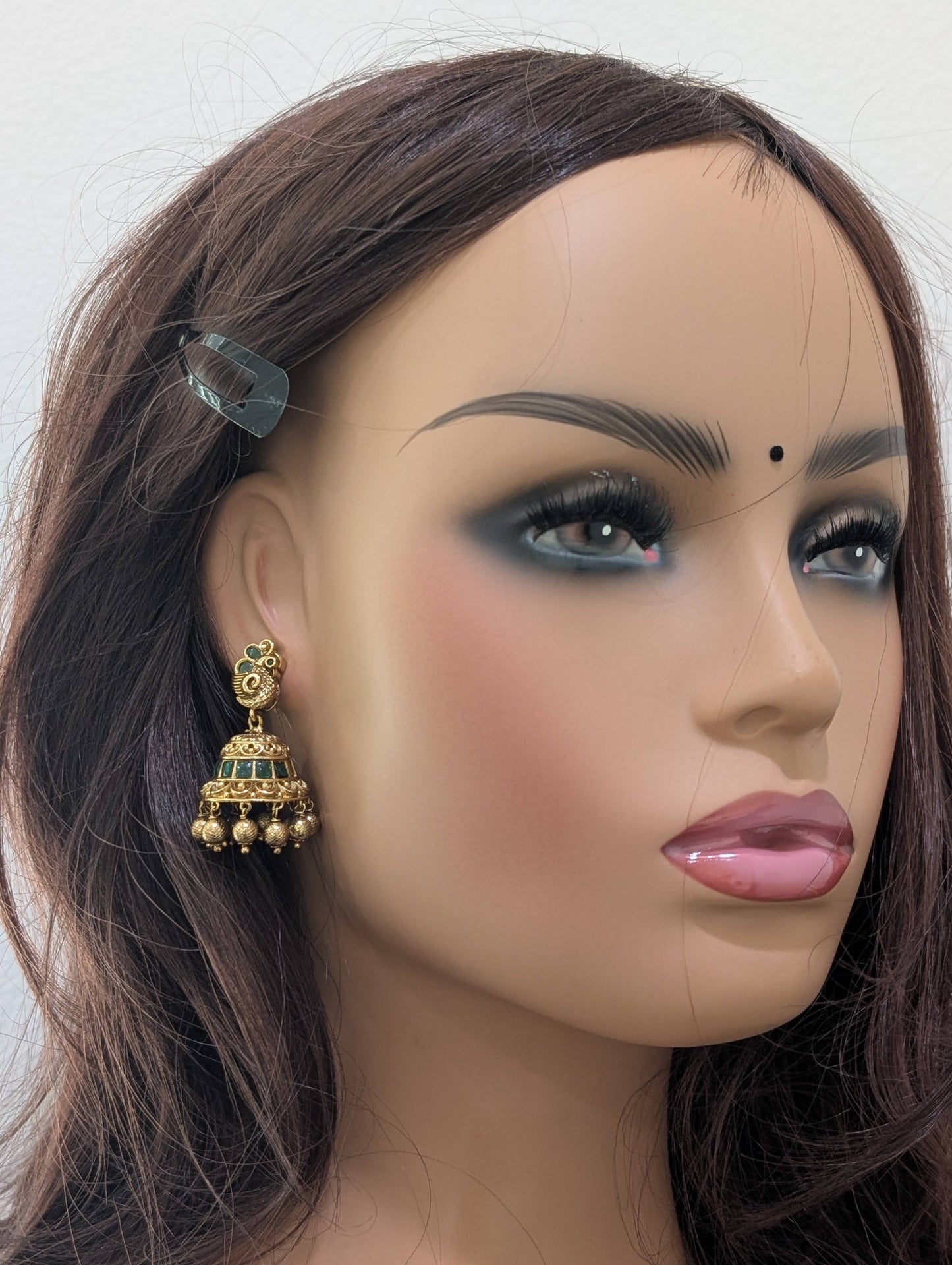 Antique gold Peacock Kemp Jhumka Earrings