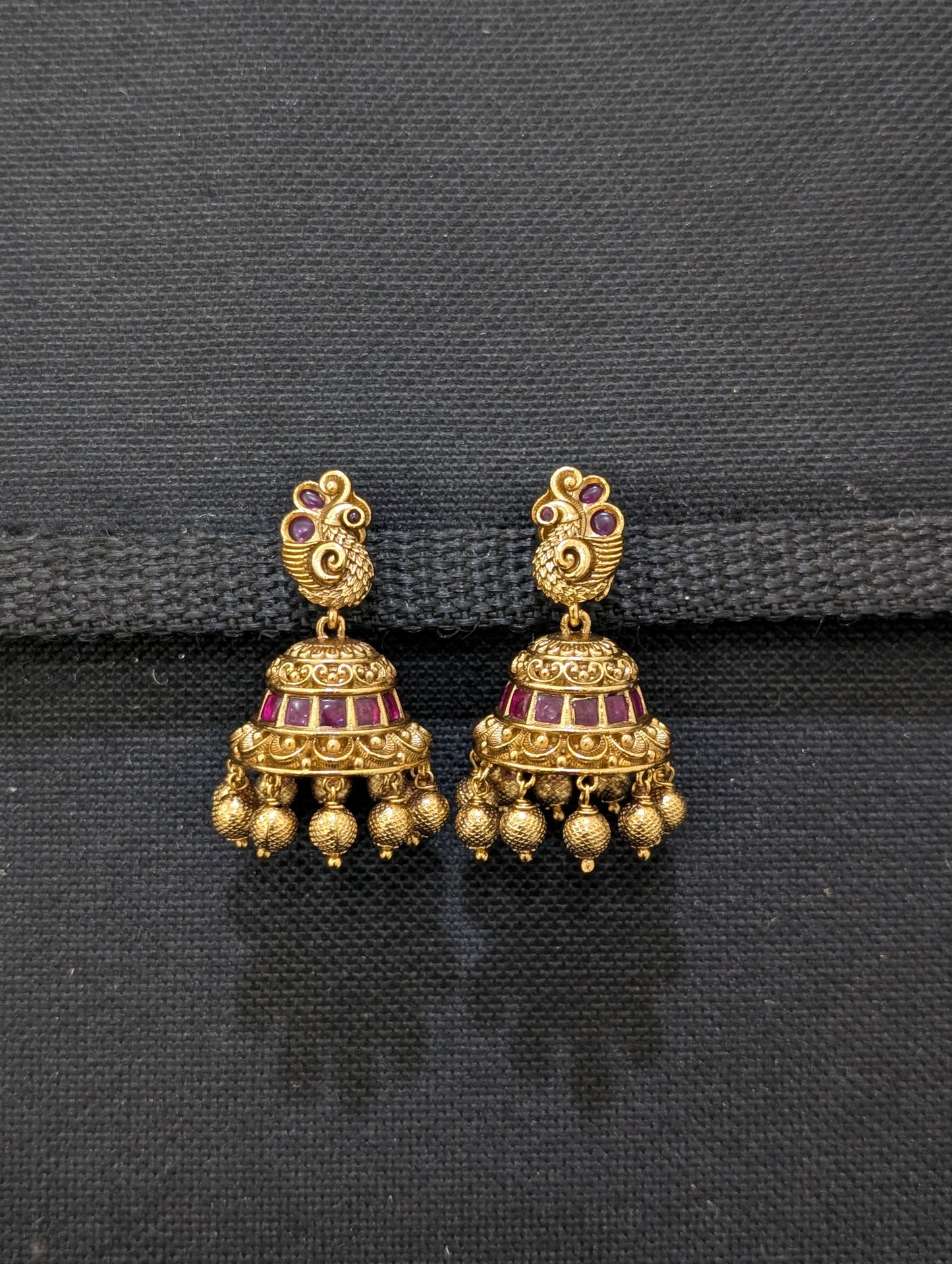 Antique gold Peacock Kemp Jhumka Earrings
