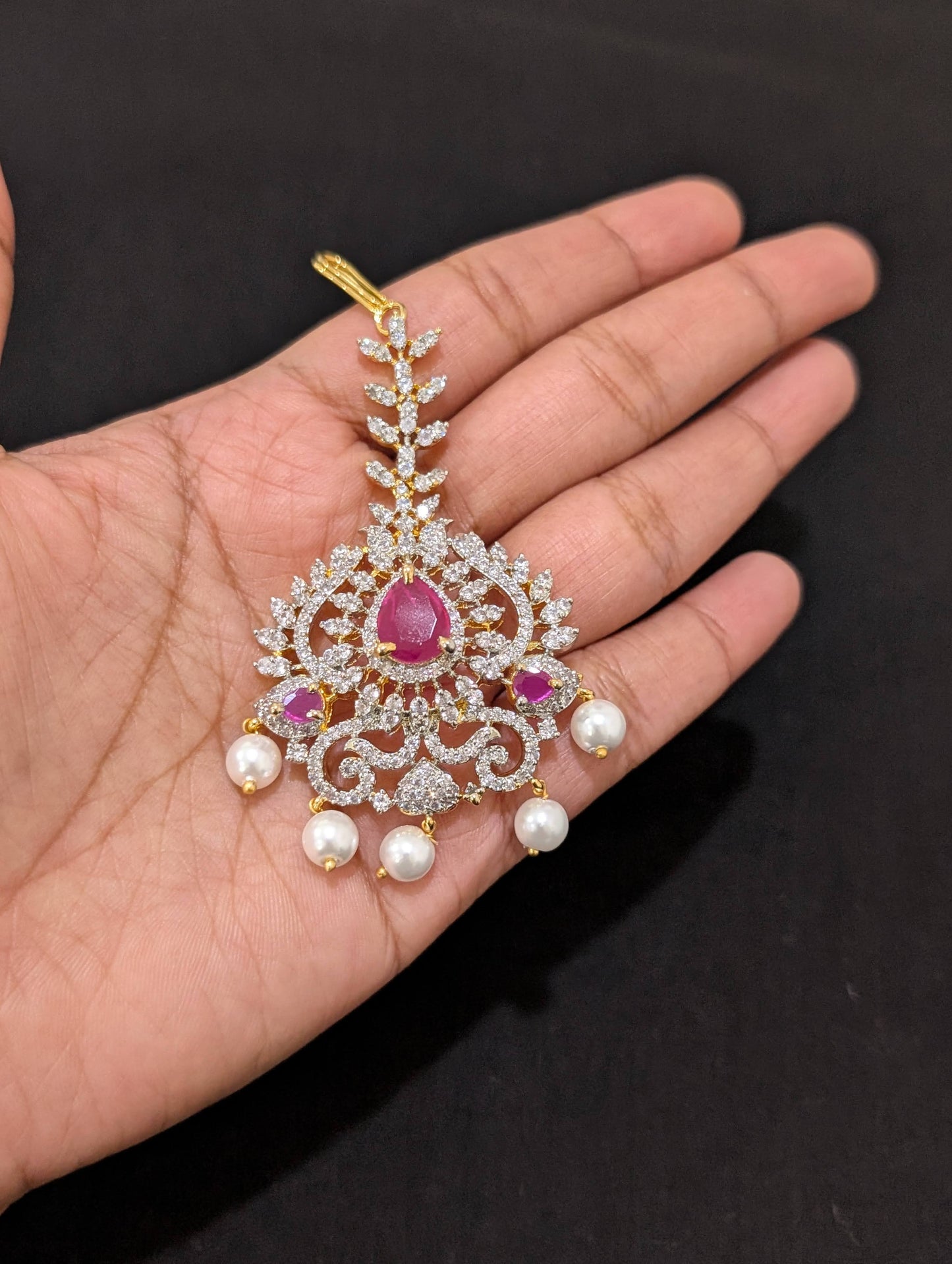 One gram gold plated Large CZ Maang Tikka