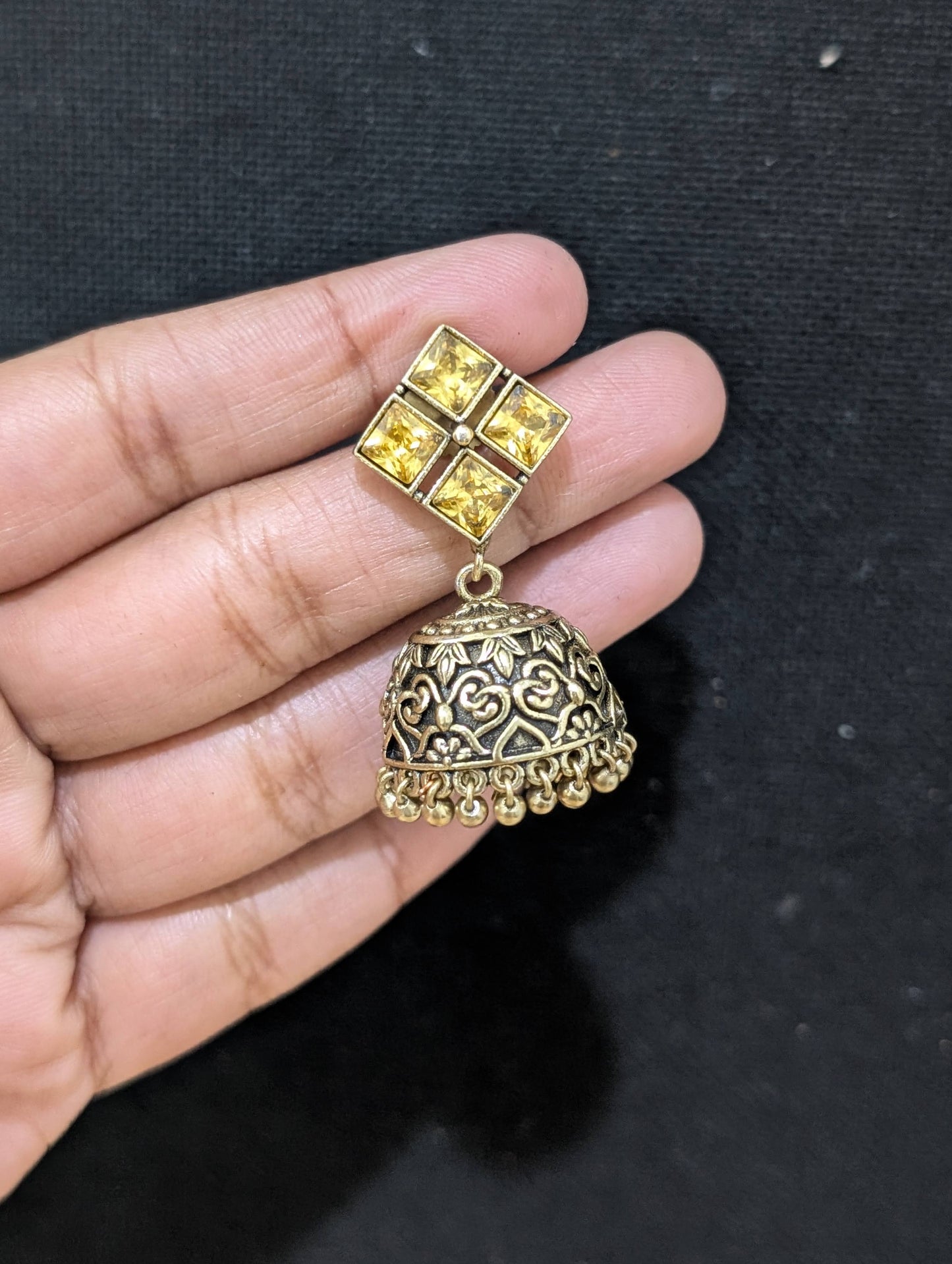 Antique oxidized gold CZ jhumka earrings
