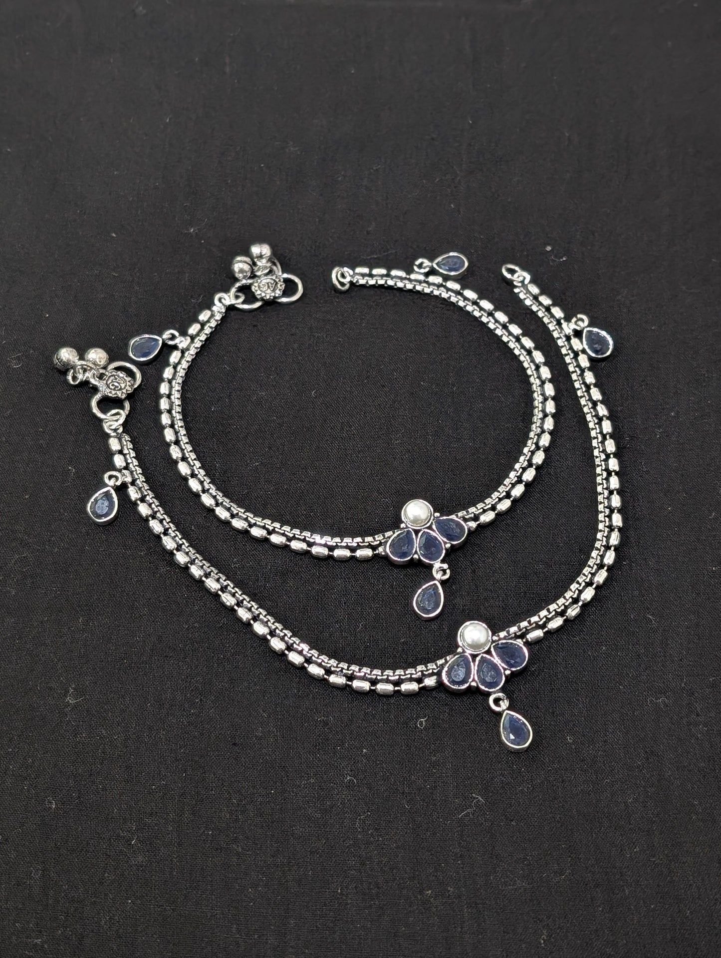 Oxidized Silver plated CZ Anklets - D1
