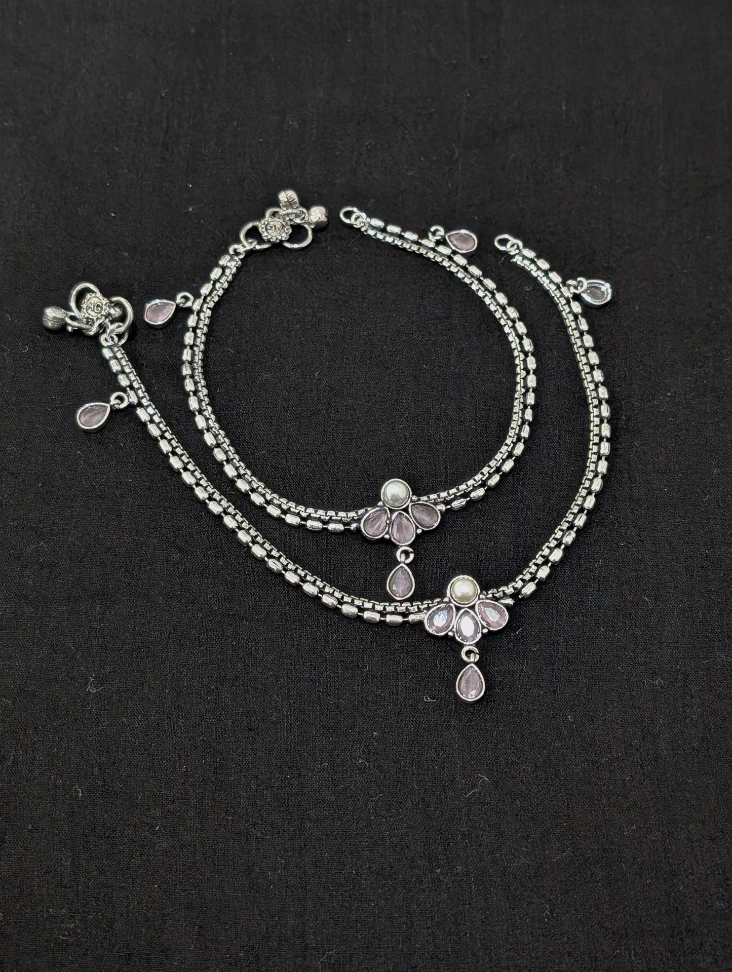 Oxidized Silver plated CZ Anklets - D1