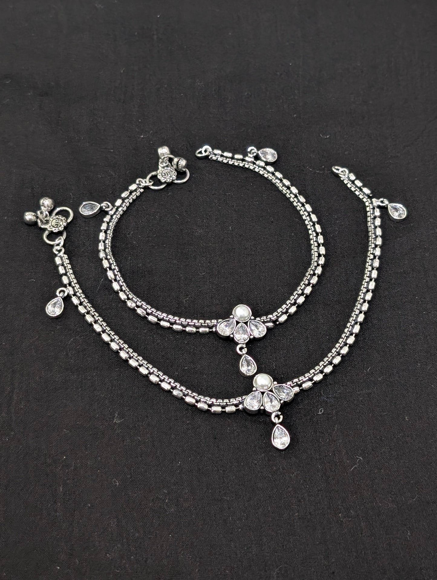 Oxidized Silver plated CZ Anklets - D1