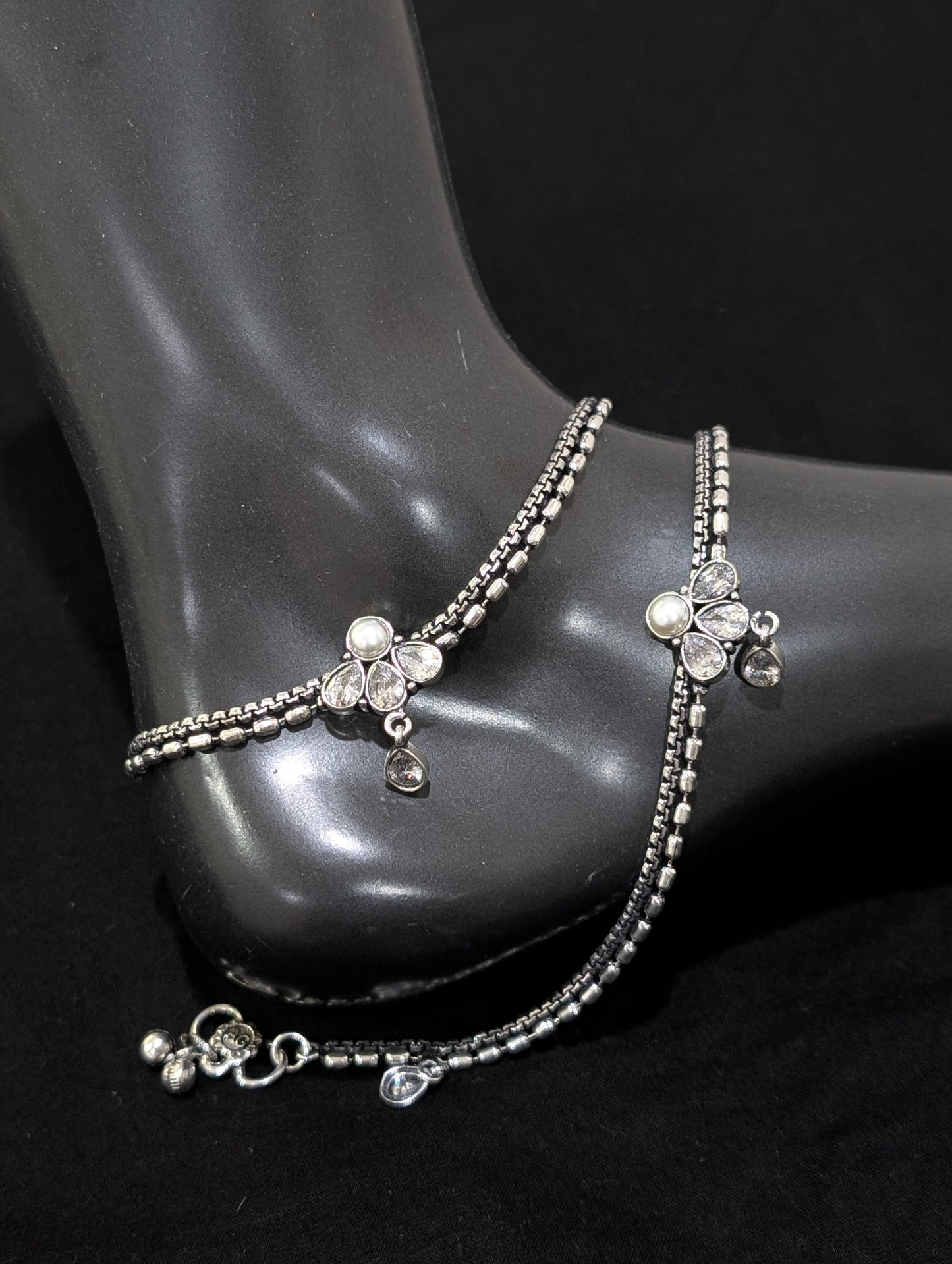 Oxidized Silver plated CZ Anklets - D1