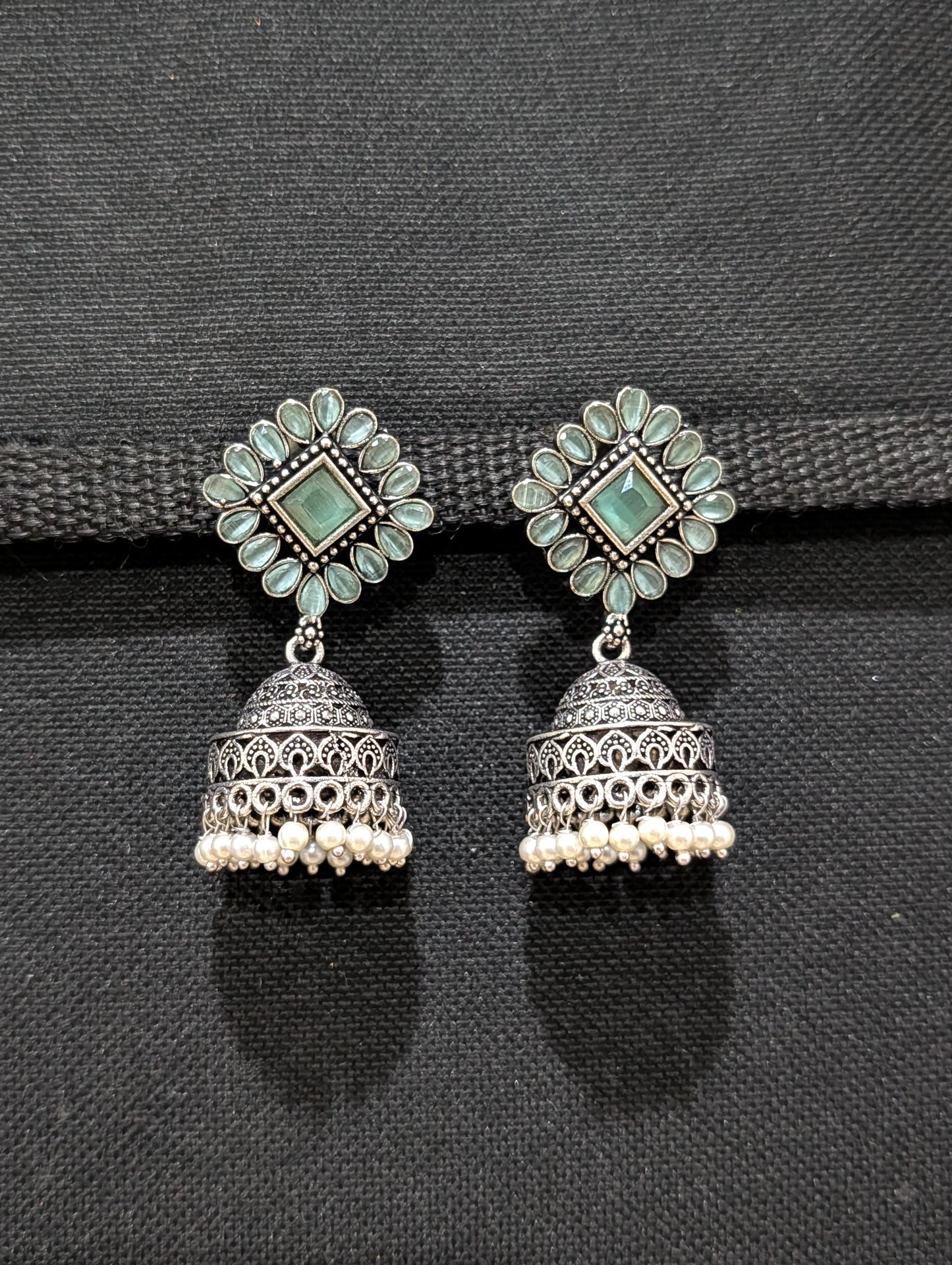 Oxidized silver CZ stone Medium Jhumka earrings