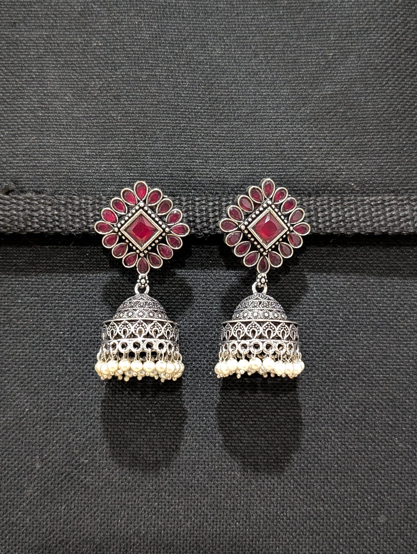 Oxidized silver CZ stone Medium Jhumka earrings