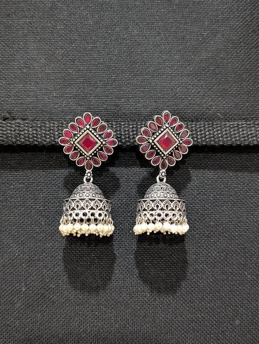 Oxidized silver CZ stone Medium Jhumka earrings - Simpliful