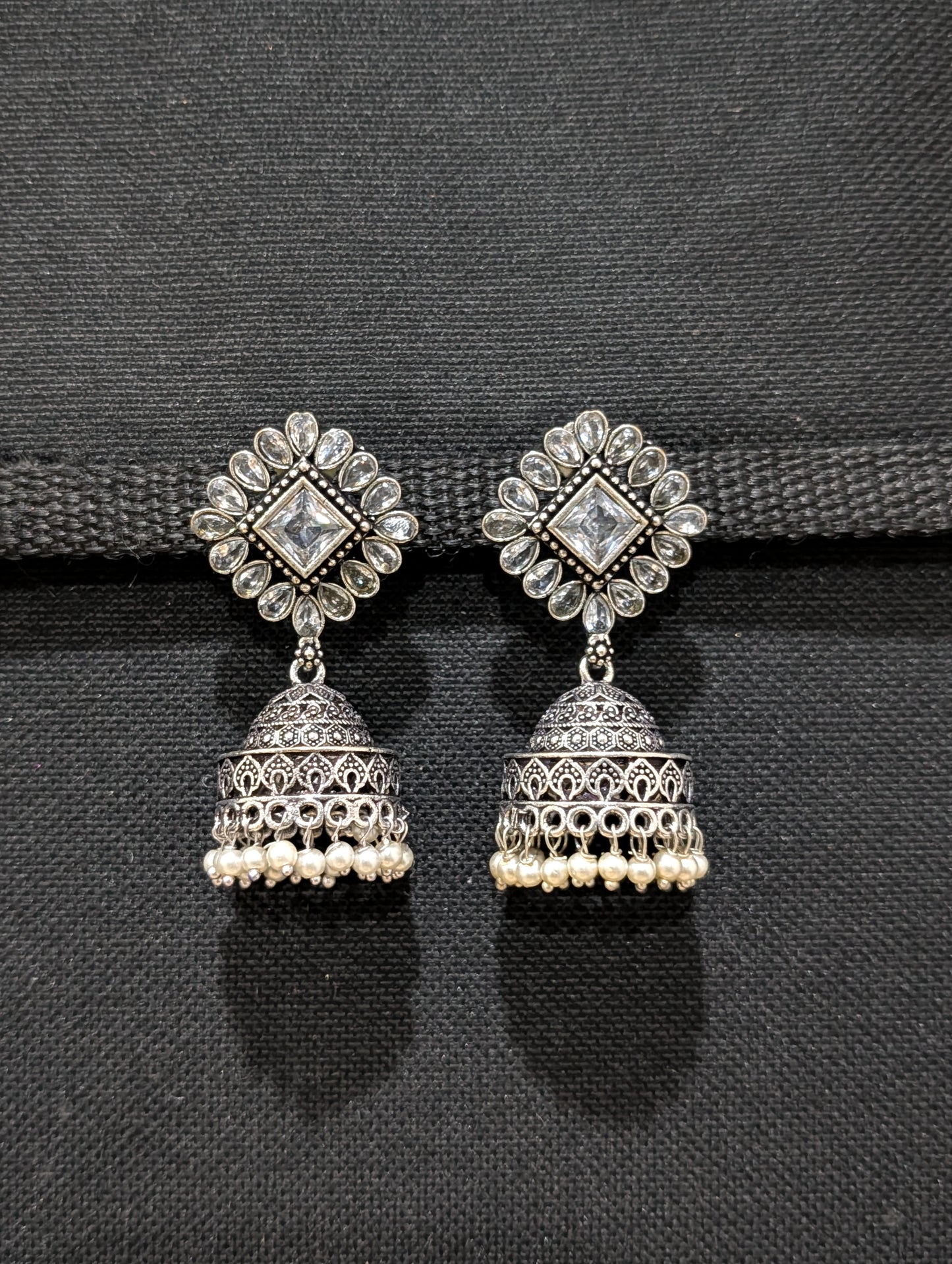 Oxidized silver CZ stone Medium Jhumka earrings