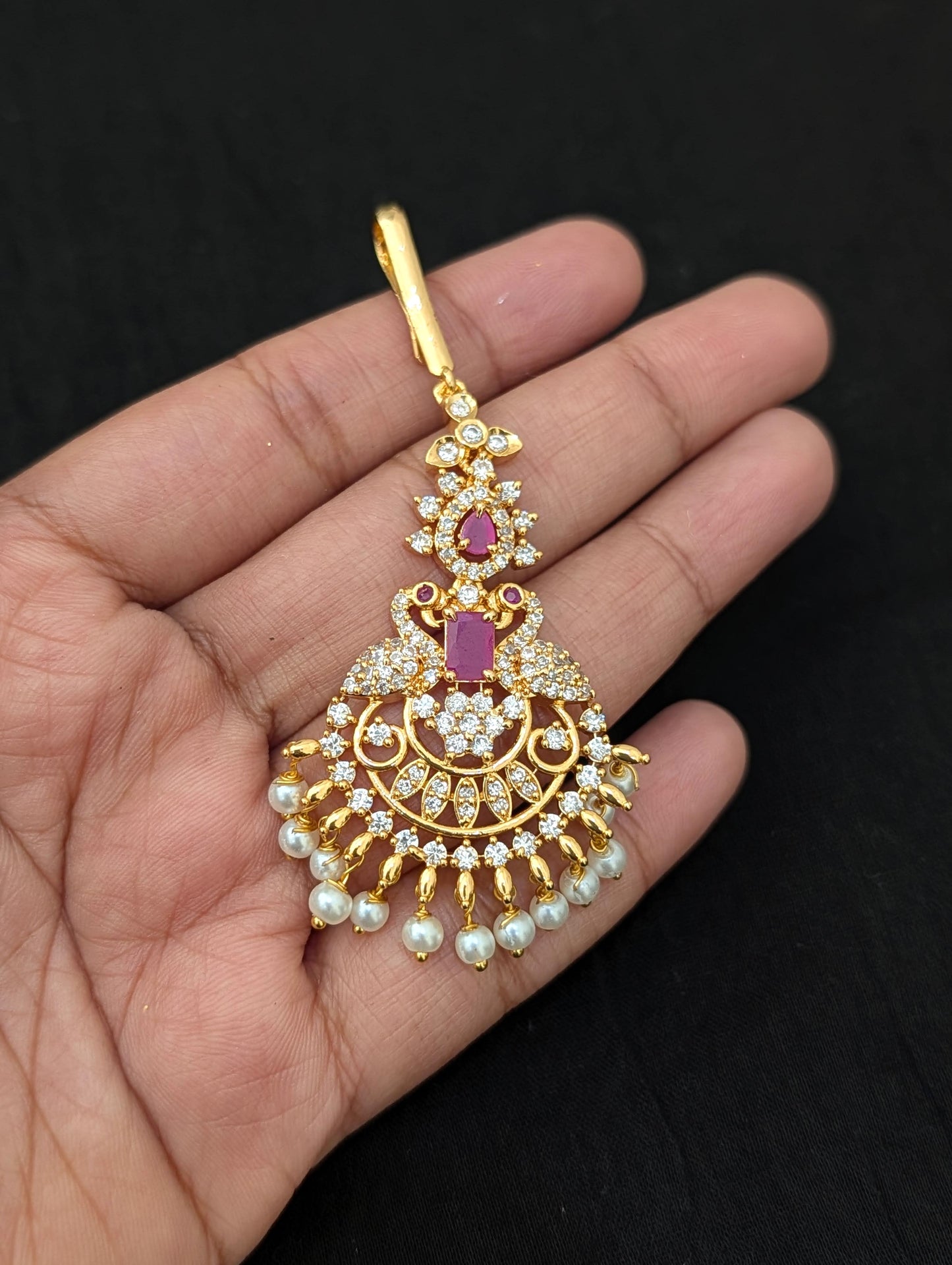 One gram gold plated Peacock CZ Maang Tikka