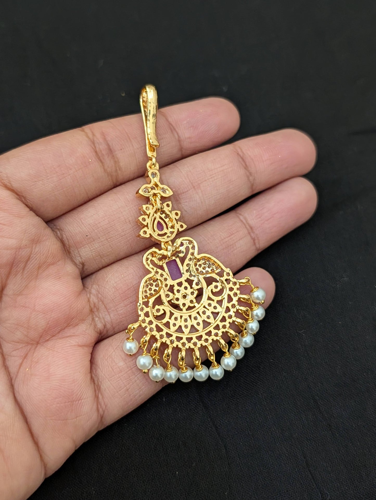 One gram gold plated Peacock CZ Maang Tikka