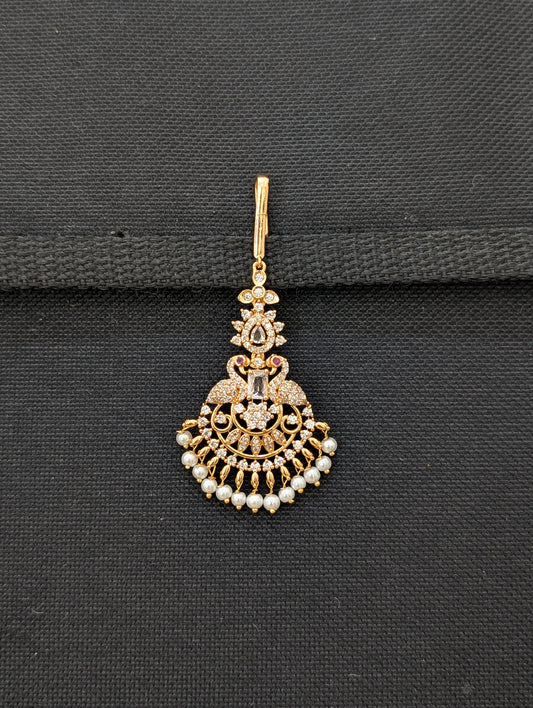 One gram gold plated Peacock CZ Maang Tikka