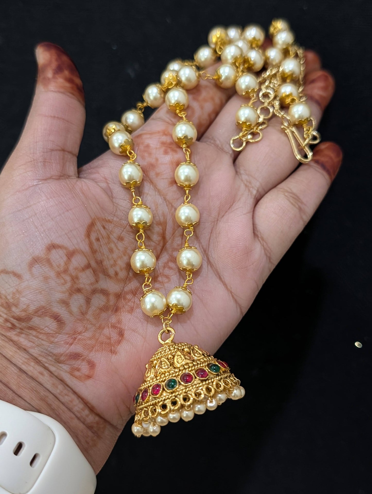 Gold plated Jhumka dangle Pearl chain Necklace