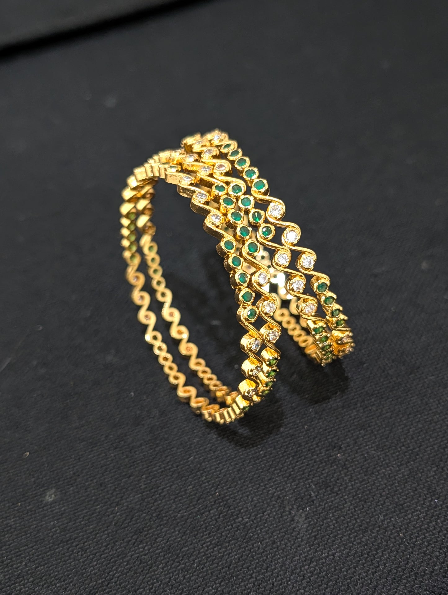 Green White CZ one gram gold polished bangles - Set of 4