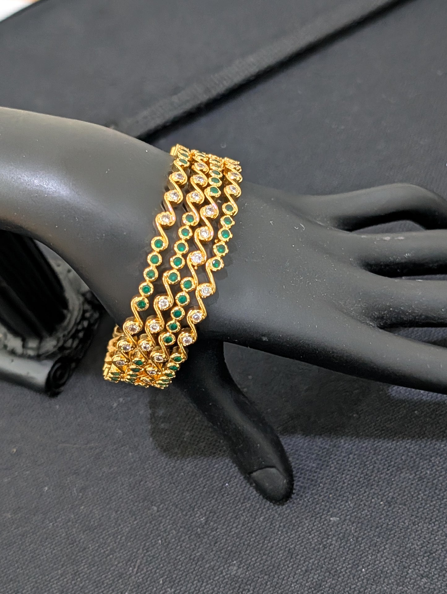 Green White CZ one gram gold polished bangles - Set of 4