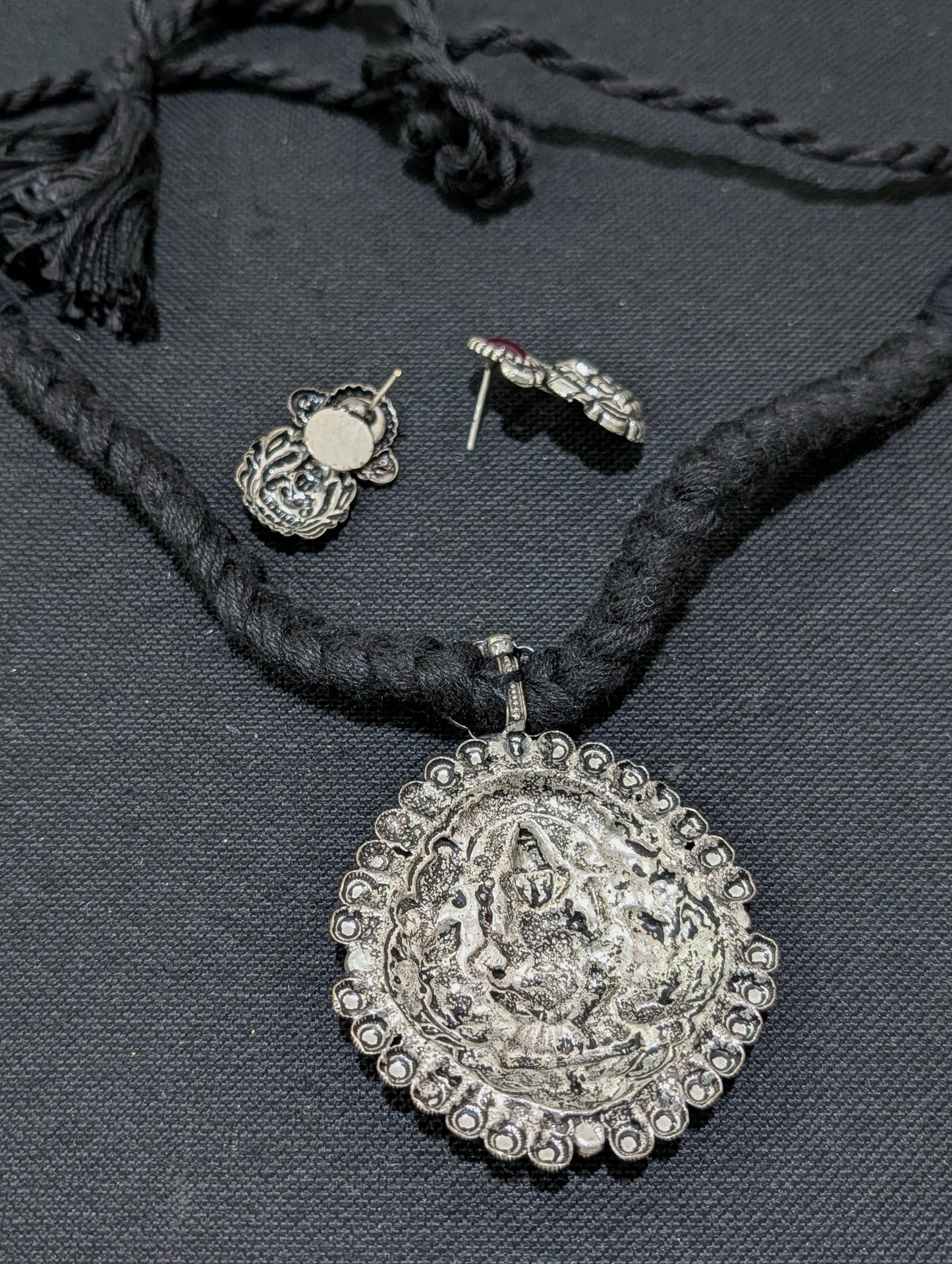 Resin bead Oxidized silver Dori thread Choker Necklace set  - D2