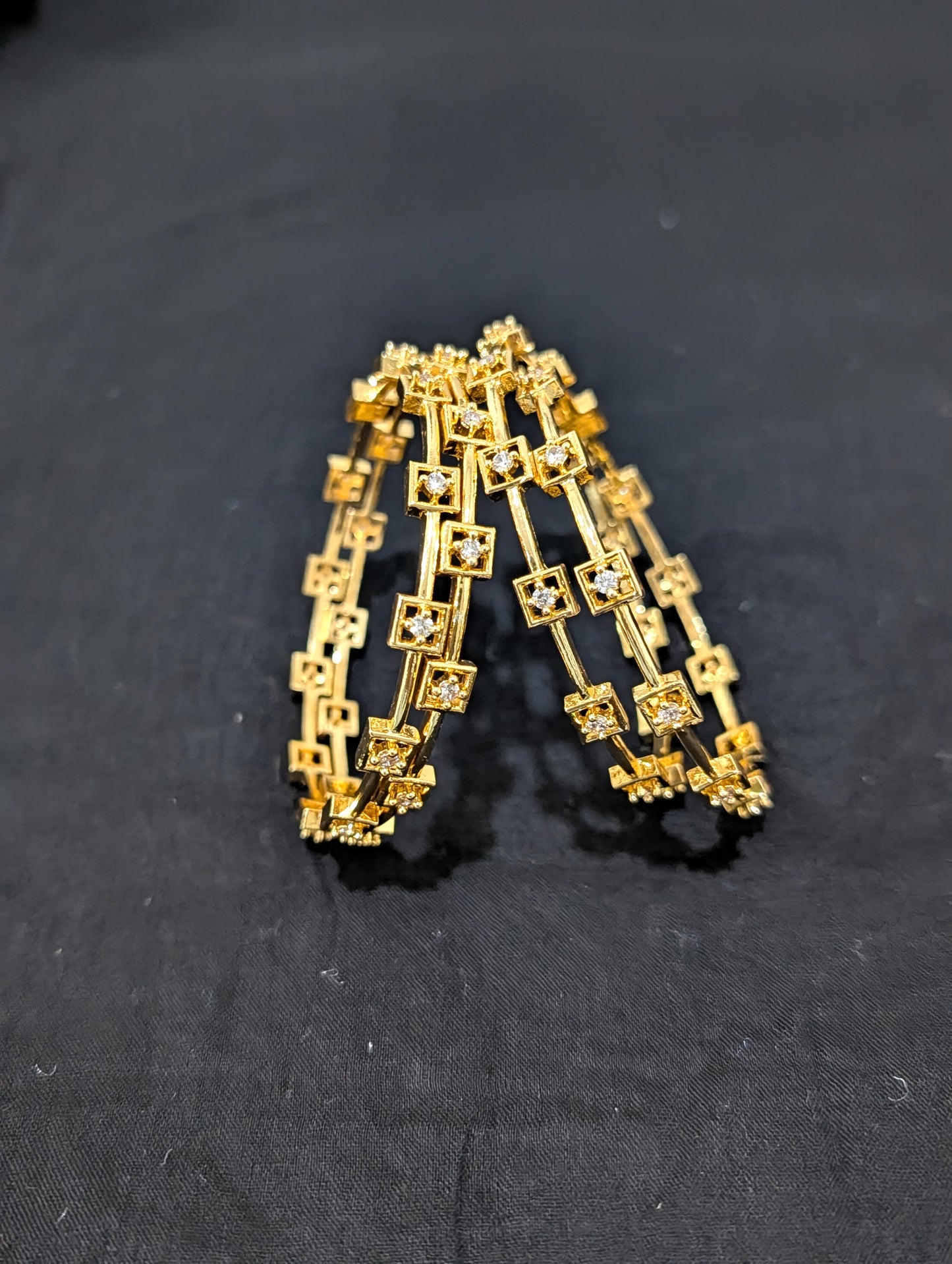 Square design White CZ one gram gold polished bangles