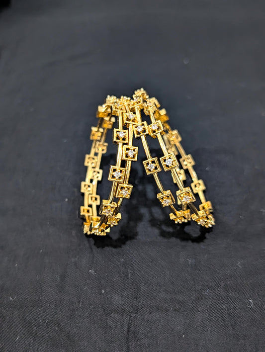 Square design White CZ one gram gold polished bangles
