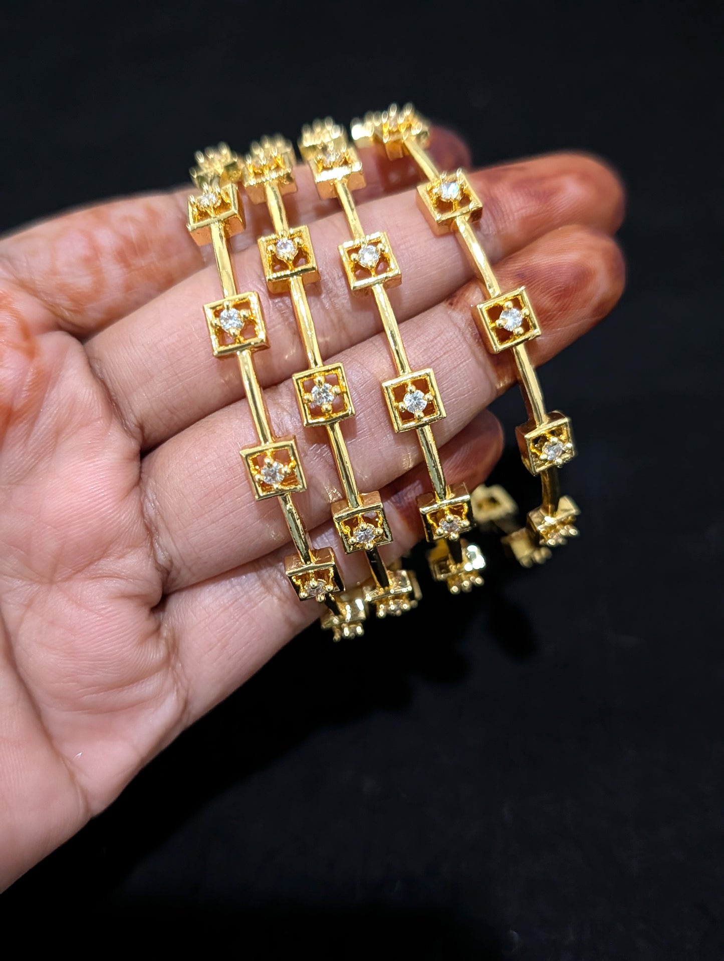 Square design White CZ one gram gold polished bangles