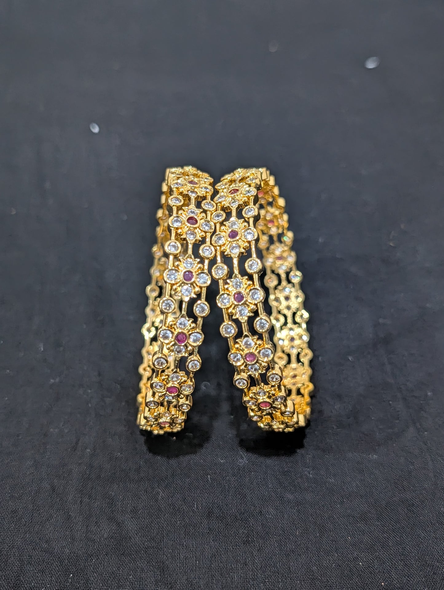Dual line Flower CZ one gram gold polished bangles - Ruby