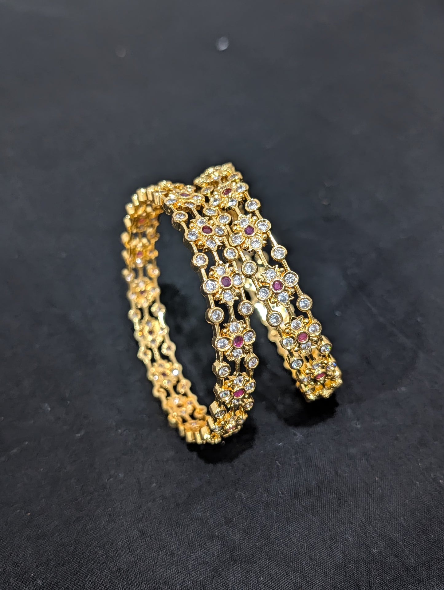 Dual line Flower CZ one gram gold polished bangles - Ruby