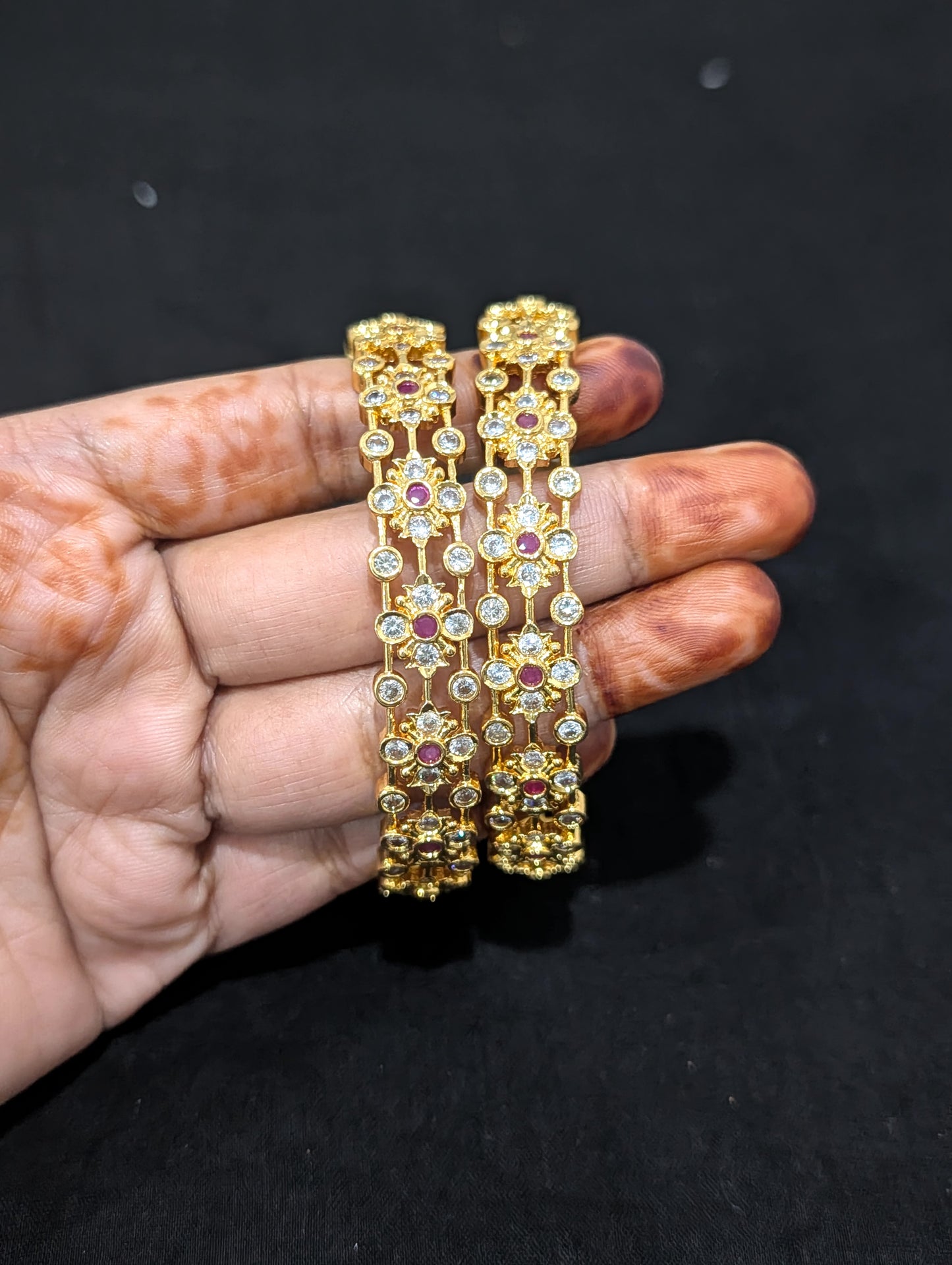 Dual line Flower CZ one gram gold polished bangles - Ruby