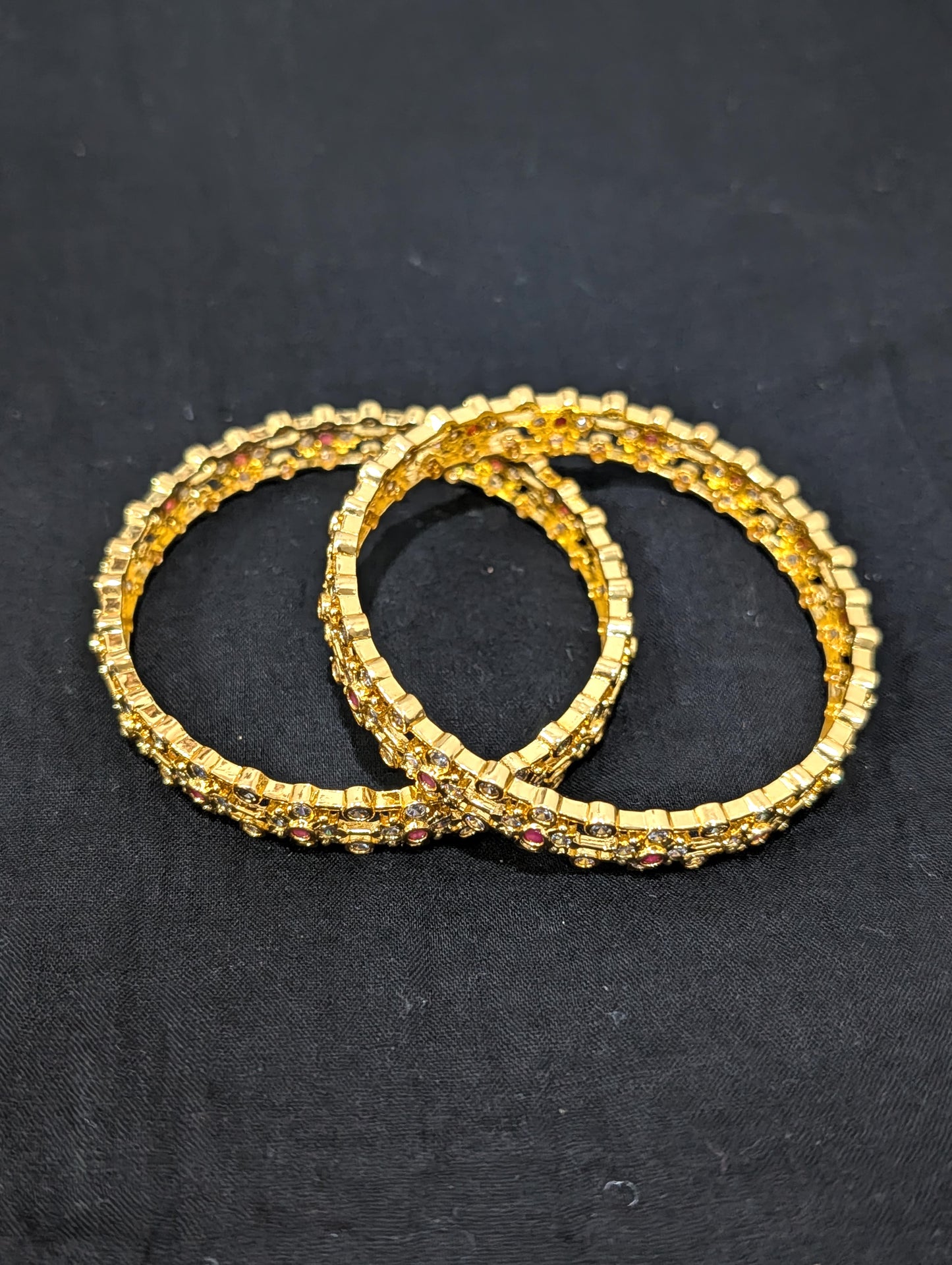 Dual line Flower CZ one gram gold polished bangles - Ruby