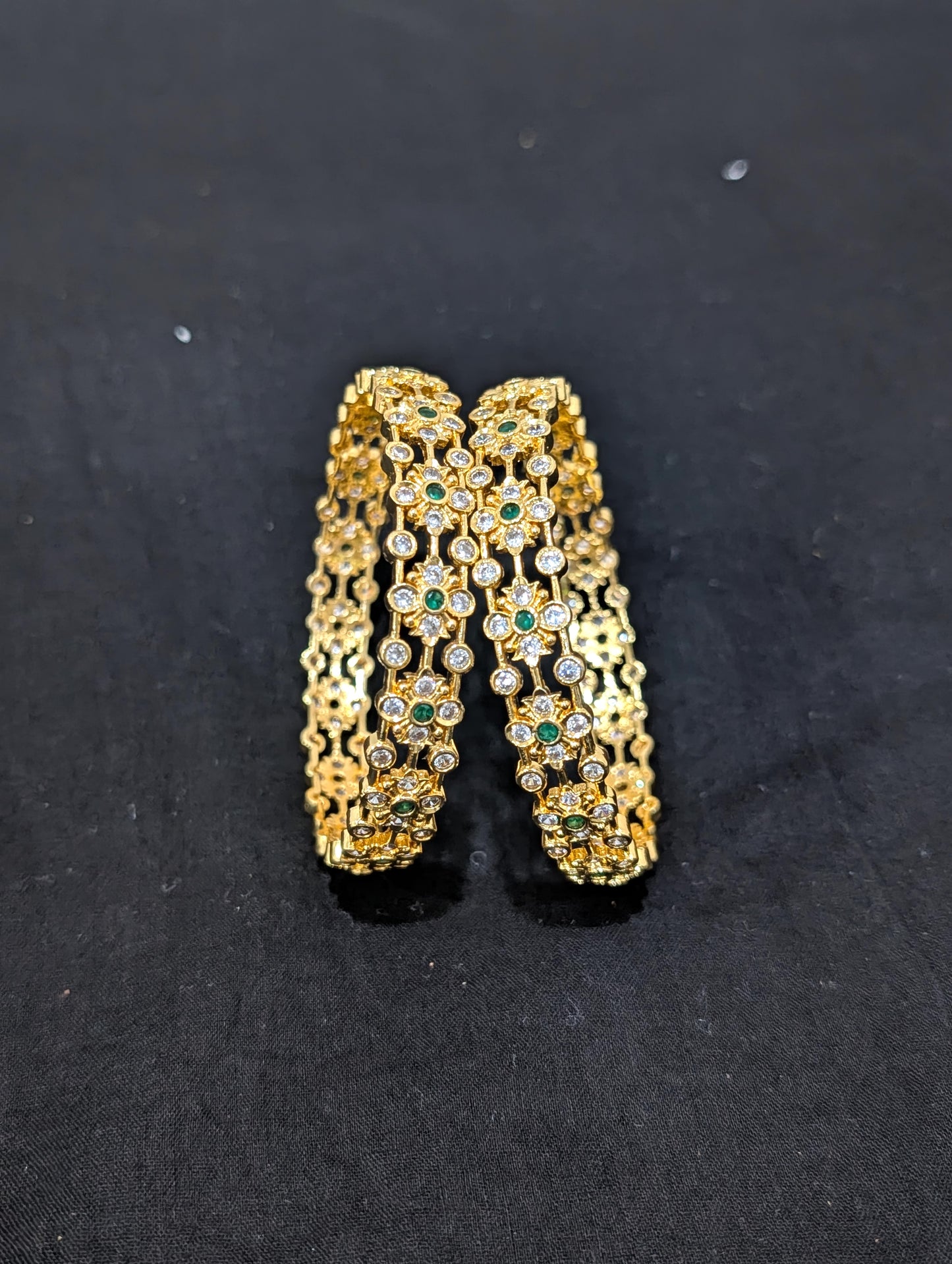 Dual line Flower CZ one gram gold polished bangles - Green