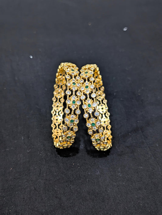Dual line Flower CZ one gram gold polished bangles - Green