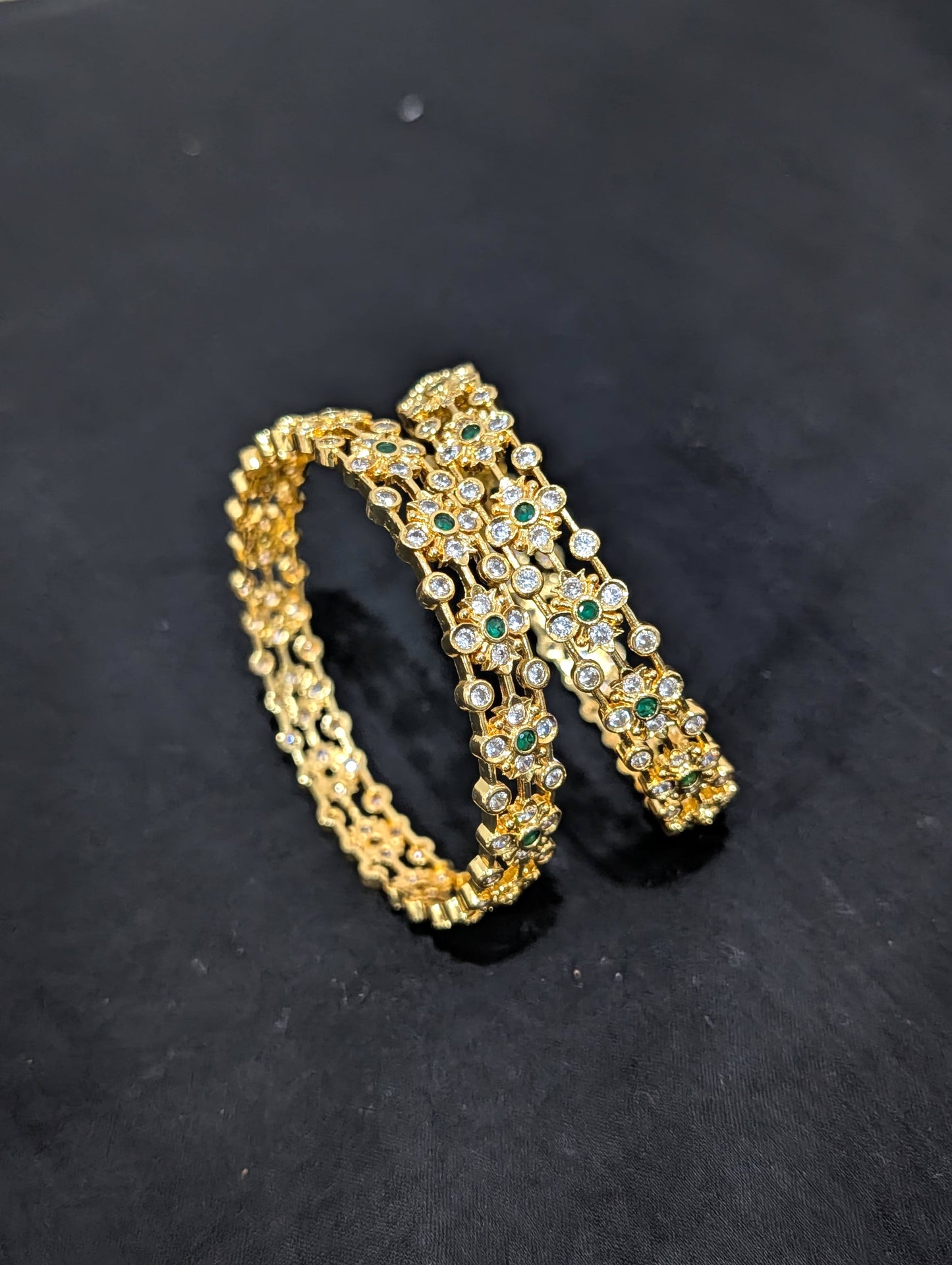 Dual line Flower CZ one gram gold polished bangles - Green
