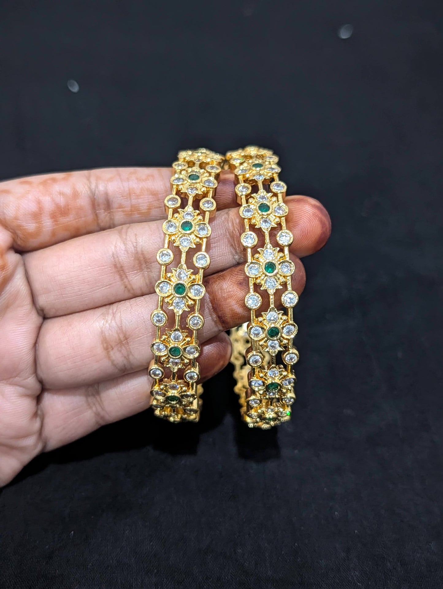Dual line Flower CZ one gram gold polished bangles - Green