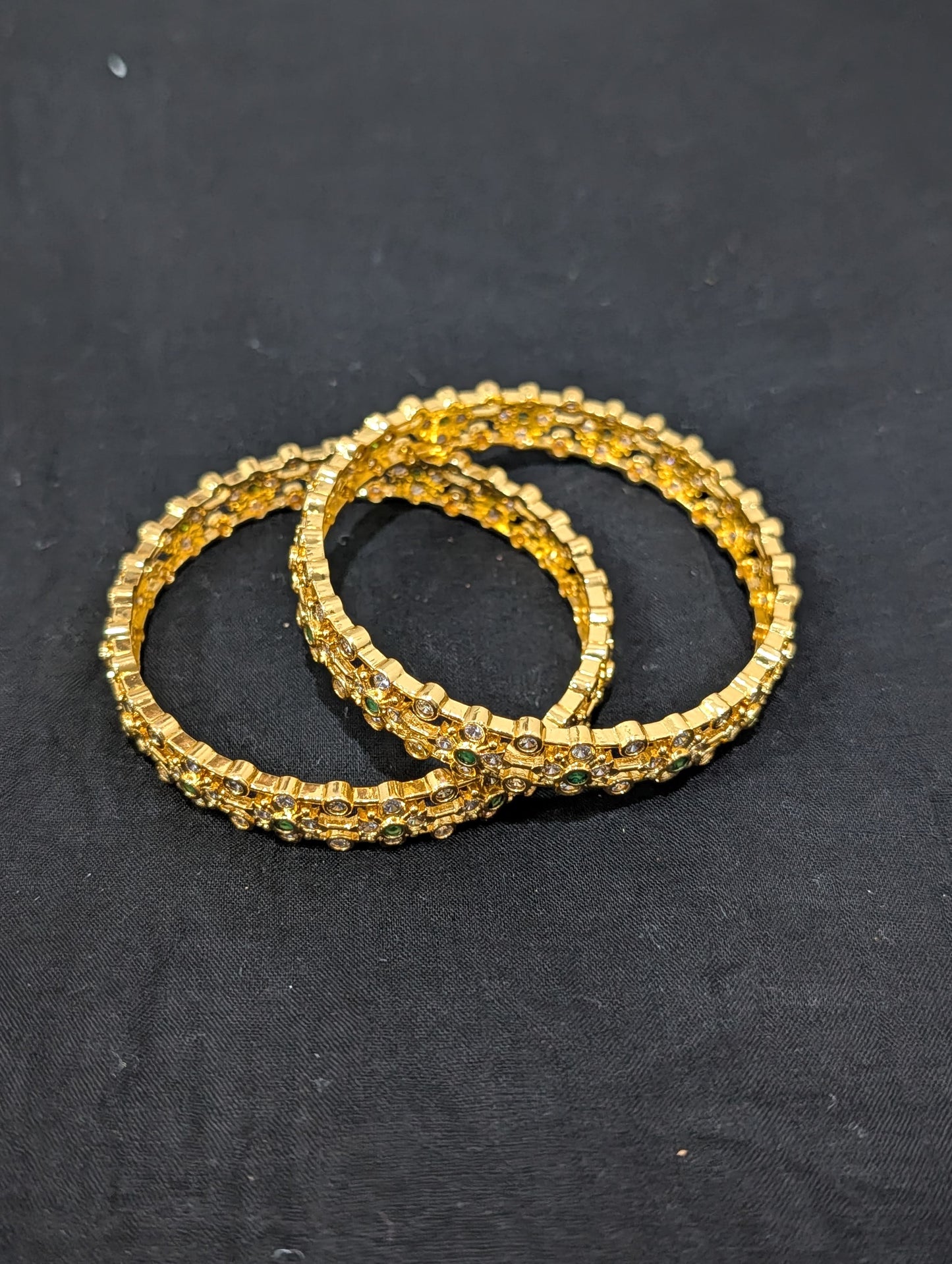 Dual line Flower CZ one gram gold polished bangles - Green
