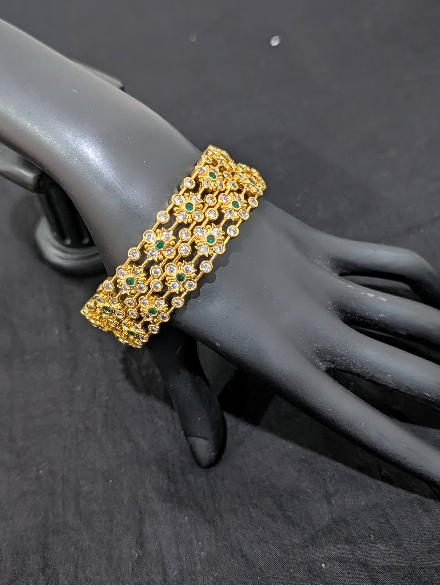 Dual line Flower CZ one gram gold polished bangles - Green