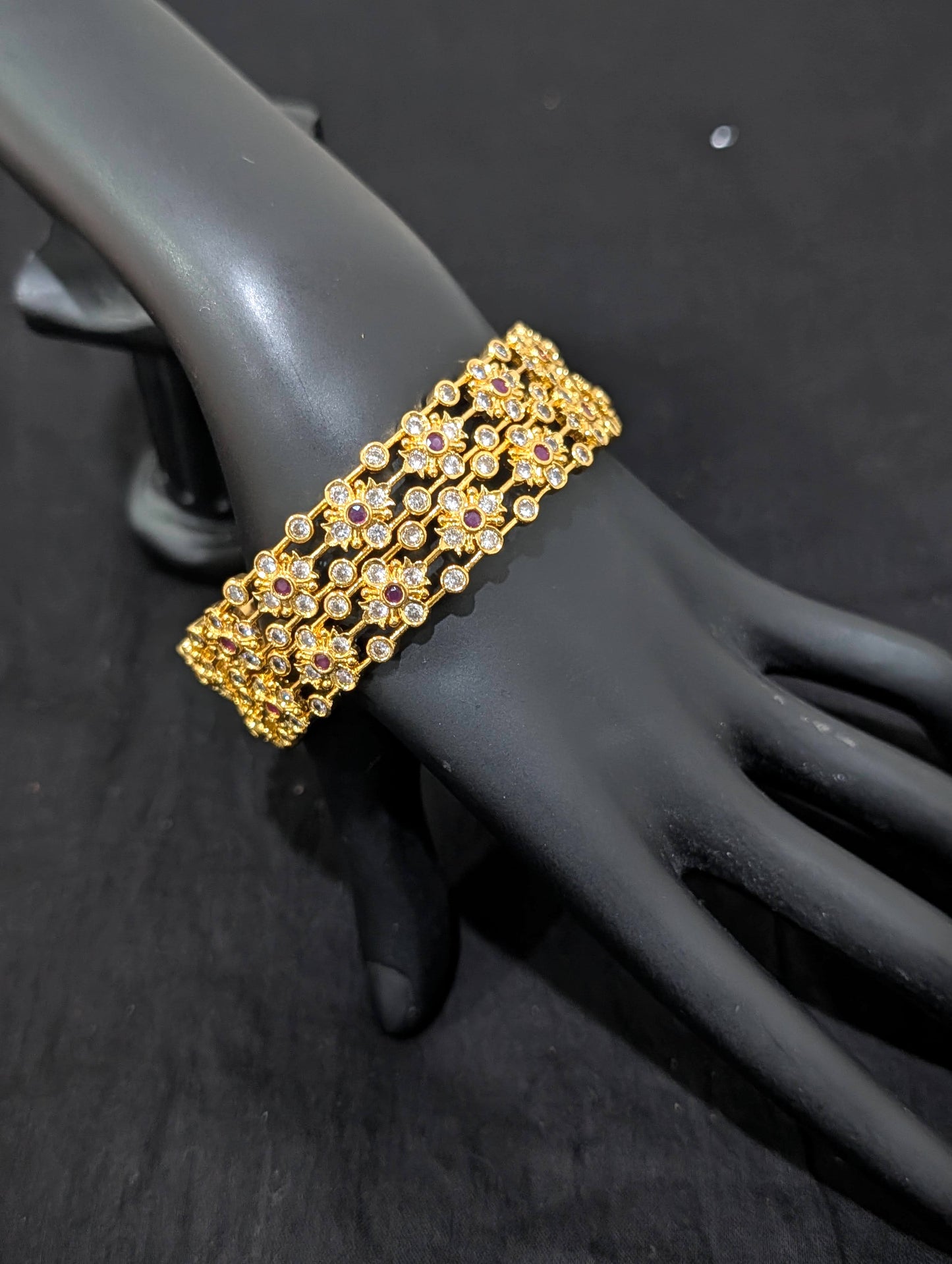 Dual line Flower CZ one gram gold polished bangles - Ruby