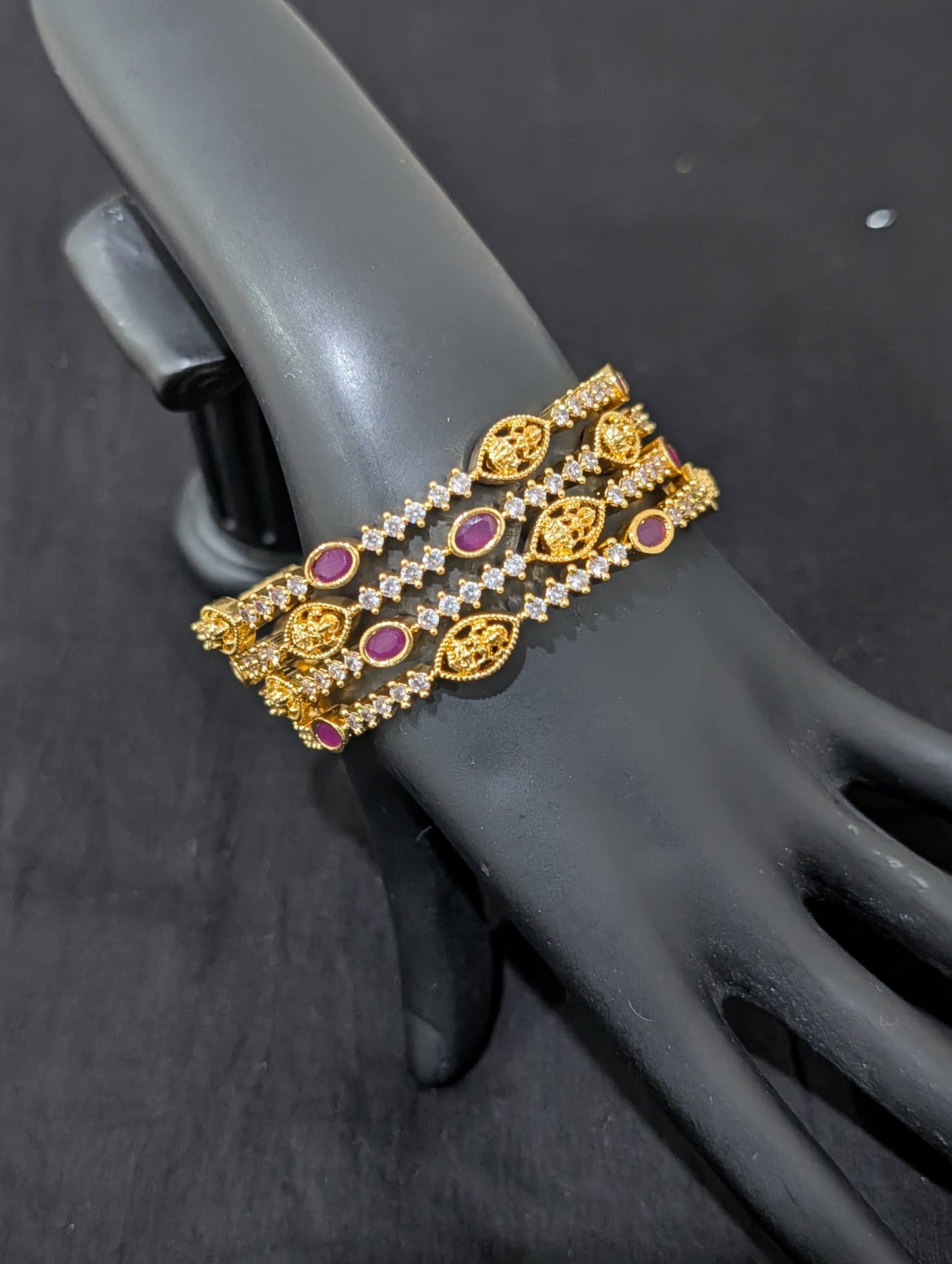 Goddess Lakshmi CZ one gram gold polished bangles - Set of 4 - Ruby