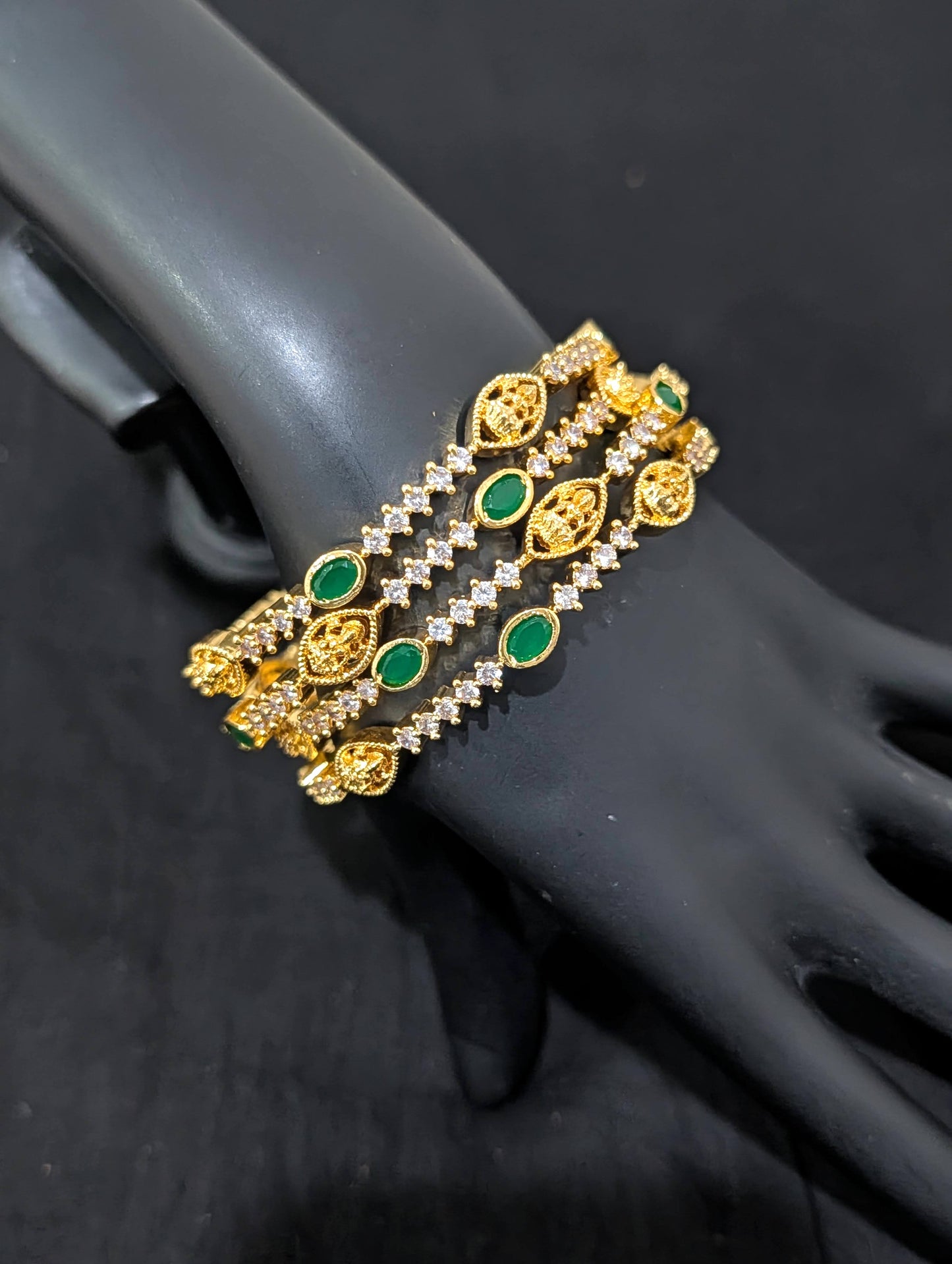 Goddess Lakshmi CZ one gram gold polished bangles - Set of 4 - Green