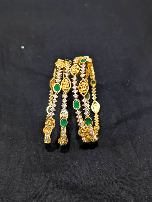 Goddess Lakshmi CZ one gram gold polished bangles - Set of 4 - Green