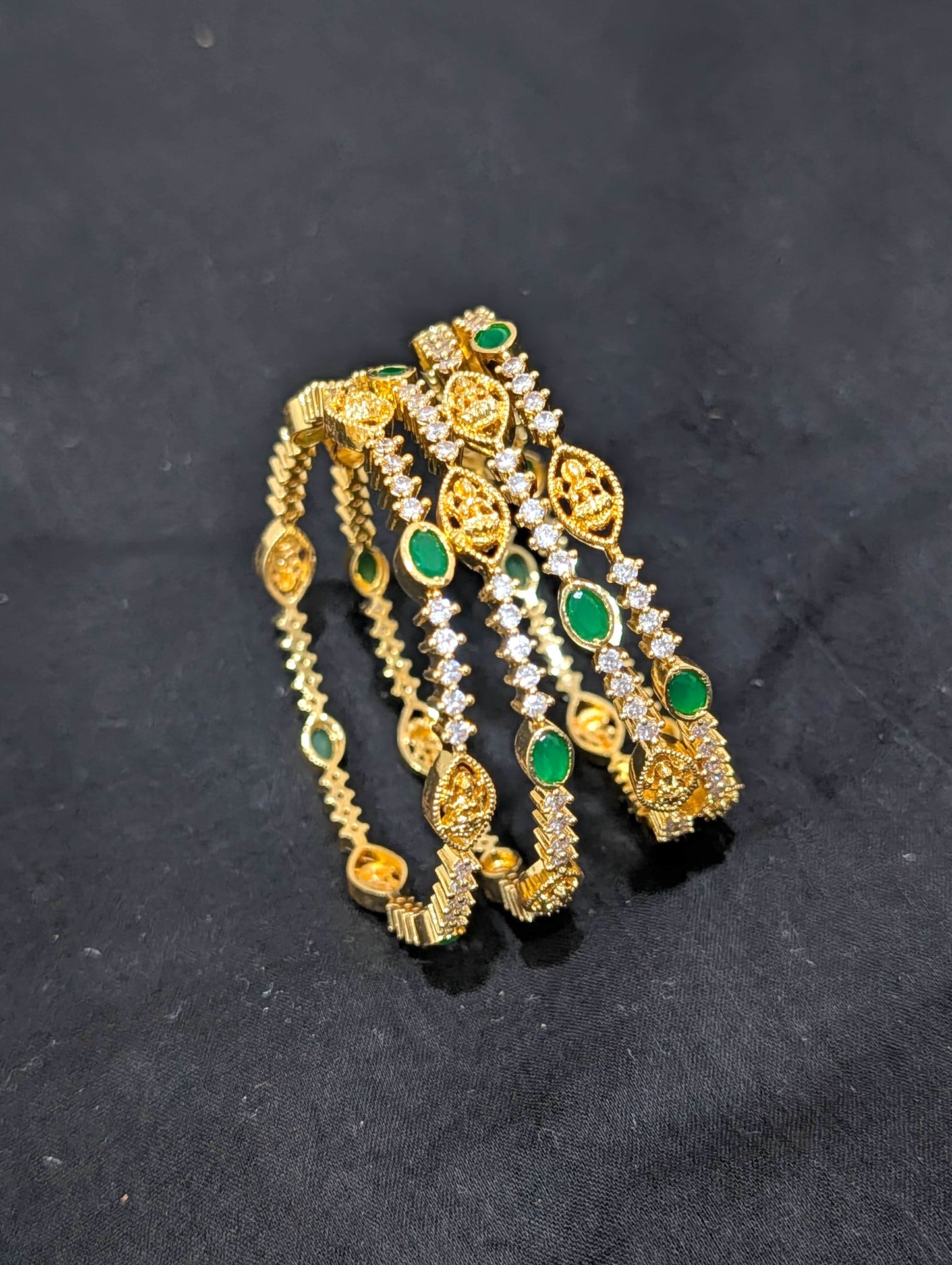 Goddess Lakshmi CZ one gram gold polished bangles - Set of 4 - Green