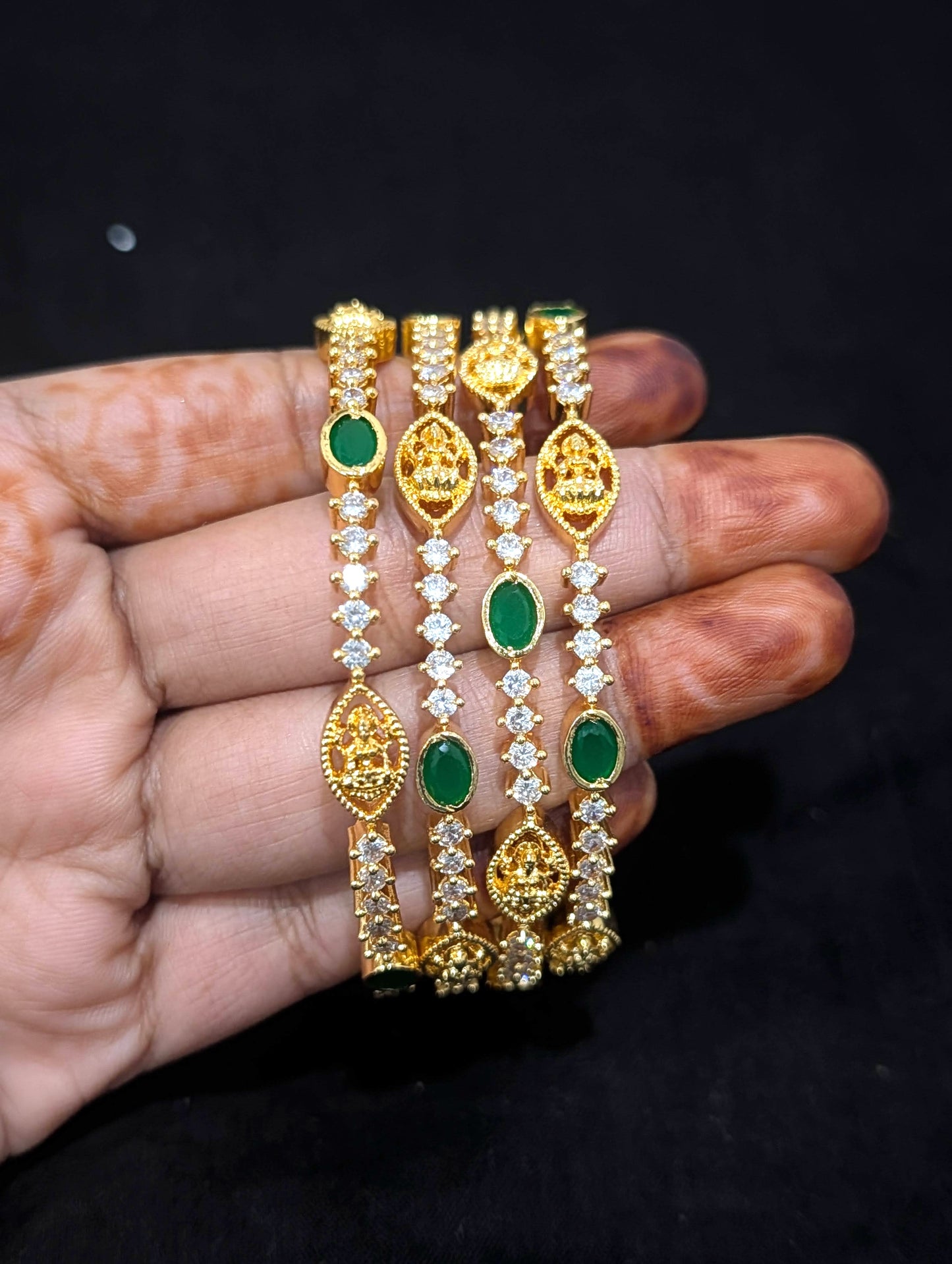 Goddess Lakshmi CZ one gram gold polished bangles - Set of 4 - Green