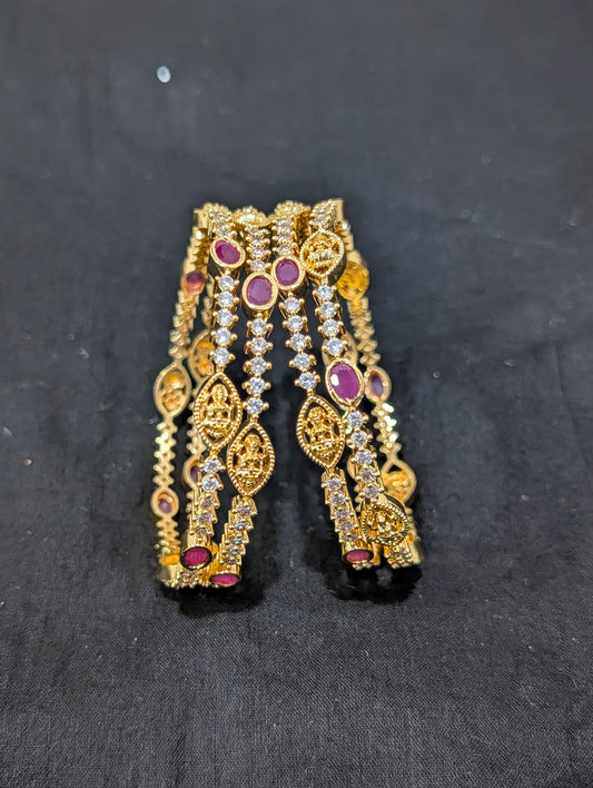 Goddess Lakshmi CZ one gram gold polished bangles - Set of 4 - Ruby
