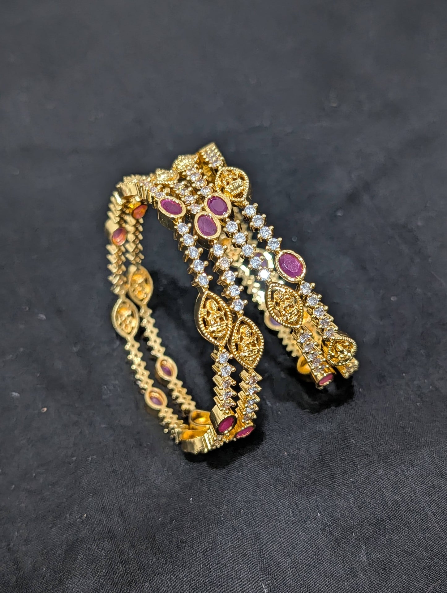 Goddess Lakshmi CZ one gram gold polished bangles - Set of 4 - Ruby
