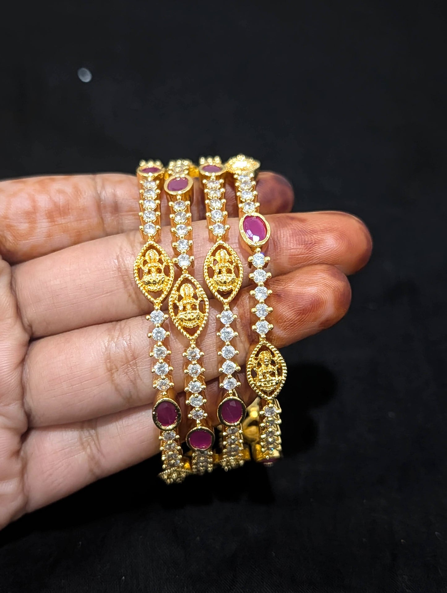 Goddess Lakshmi CZ one gram gold polished bangles - Set of 4 - Ruby